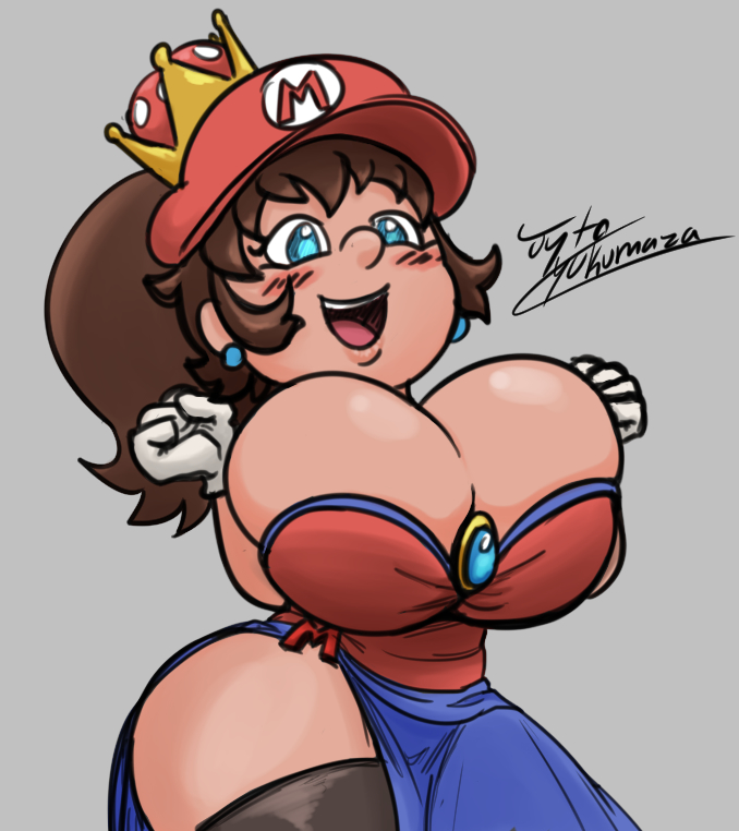 1girls bangs black_legwear blue_eyes blush breasts brown_hair bursting_breasts cleavage cowboy_shot crown dress earrings eyelashes female female_only front_view genderswap_(mtf) gloves grey_background hat huge_breasts human jyto legwear maria_(detnox) mariette mario mario_(series) mario_cap milf new_super_mario_bros._u_deluxe nintendo open_mouth open_smile ponytail rule_63 side_slit sidelocks signature simple_background skindentation smile solo super_crown thick_thighs thighhighs