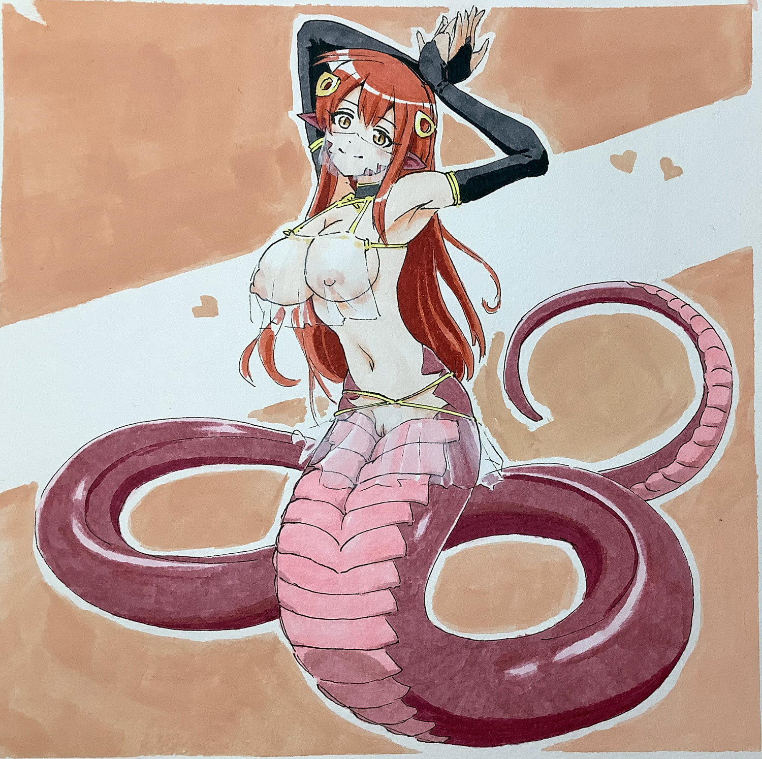 1girls, amber eyes, armpits, arms up, belly, belly dancer, belly dancer outfit, breasts, bridal gauntlets, dancer, dancer outfit, detached sleeves, female, female only, femsub, fingerless gloves, hair ornament, happy sub, harem girl, harem outfit, lamia, large breasts, long hair, looking at viewer, miia (monster musume), monster musume no iru nichijou, murabito-h, naga, navel, nipples, pussy, red hair, see-through, see-through clothing, shaved pussy, slave, smile, snake girl, submissive female, transparent clothing, veil