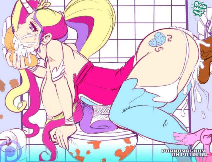 1girls, 2015, 2boys, alternate breast size, arched back, ass, bathroom, blowjob, breasts, cum, cum in mouth, cum in pussy, cum inside, cutie mark, edit, fellatio, female, friendship is magic, garter straps, glory hole, group sex, horn, humanized, male, mmf threesome, multicolored hair, my little pony, nipples, nude, oral, patreon, patreon logo, patreon username, penetration, pornomagnum, princess cadance (mlp), purple eyes, pussy, recolor, sex, spitroast, straight, tears, thighhighs, threesome, toilet, vaginal insertion, vaginal penetration