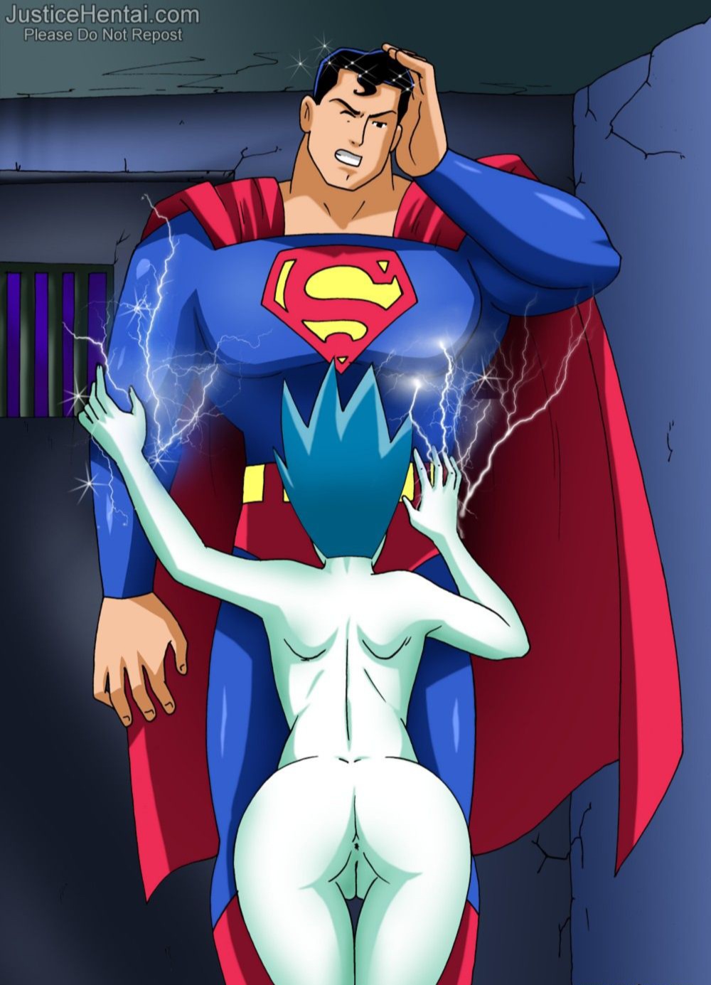 1boy 1boy1girl 1girls anus ass black_eyes black_hair blowjob blue_hair clothed dat_ass dc dc_comics dcau dizzy electricity erofus fellatio female gritted_teeth hand_on_head justicehentai.com livewire male nude_female on_knees one_eye_closed pussy red_cape short_hair straight superman superman:_the_animated_series superman_(series) vagina white_skin