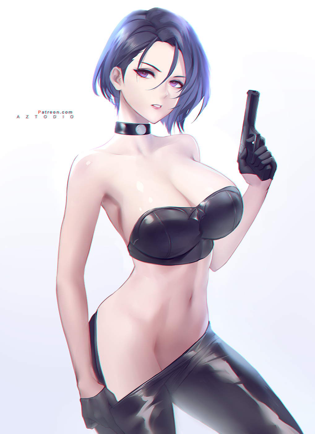 1girls, azto dio, bandeau, bare arms, bare shoulders, black bra, black choker, black gloves, black legwear, bra, breasts, choker, cleavage, collarbone, cowboy shot, female, female only, fire emblem, fire emblem: three houses, gloves, gradient, gradient background, grey background, groin, gun, hand up, handgun, hi res, highres, holding, holding gun, holding weapon, hourglass figure, large breasts, lips, looking at viewer, navel, nintendo, no panties, pants down, parted lips, patreon username, pistol, purple eyes, purple hair, shamir nevrand, short hair, simple background, solo, solo female, standing, stomach, strapless, thighs, tubetop, underwear, underwear only, undressing, weapon, white background