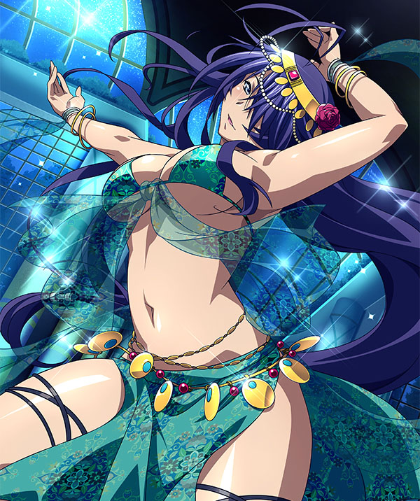 1girls belly belly_dancer belly_dancer_outfit blue_eyes circlet cleavage dancer dancer_outfit dancing female harem_girl harem_outfit ikkitousen indigo_hair kanu_unchou large_breasts long_hair looking_at_viewer navel seductive