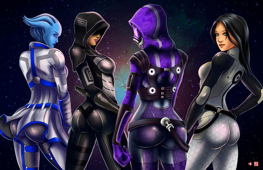 4girls, alien, alien girl, apple butt, asari, ass, bioware, black hair, blue eyes, blue skin, bubble ass, bubble butt, clothed, clothed female, clothing, curves, curvy, curvy body, curvy female, curvy figure, curvy hips, dark hair, female, female only, helmet, hood, hourglass figure, human, humanoid, kasumi goto, liara t'soni, light skin, light-skinned female, mass effect, mass effect 3, miranda lawson, multiple females, multiple girls, quarian, rear view, round ass, tali'zorah nar rayya, tyrine carver, voluptuous, wide hips, wil-woods