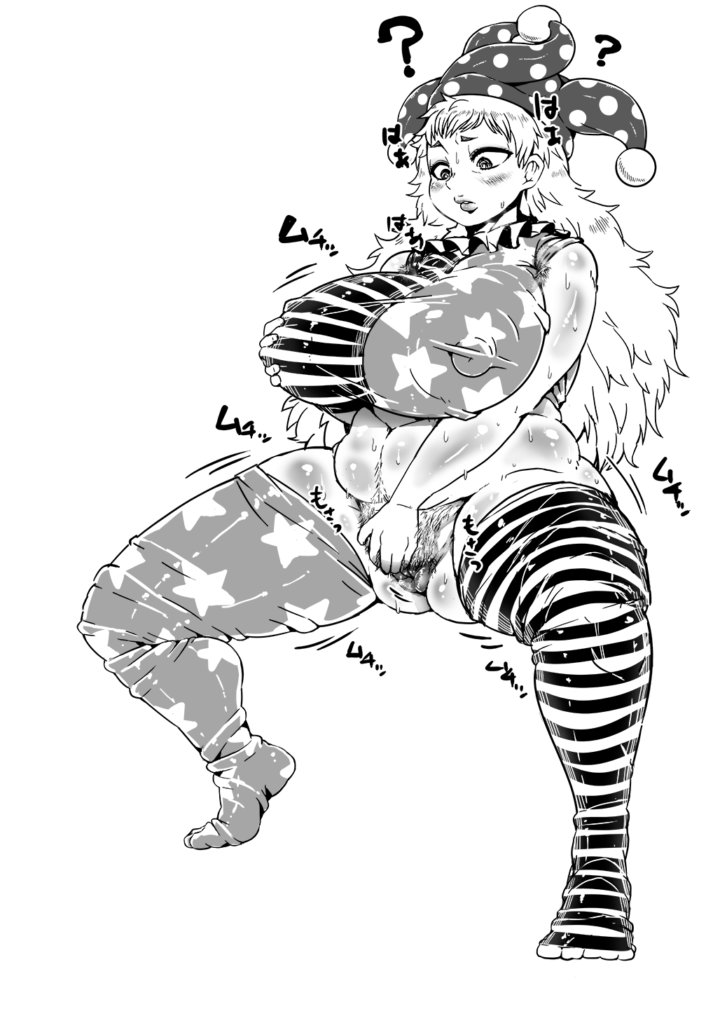 1girls american_flag american_flag_legwear american_flag_shirt anus armpit_hair bar_censor breasts censored clothed clothing clownpiece female female_only happy_trail ichigou_kotou masturbation monochrome mostly_clothed post_transformation pubic_hair solo sweat thick_thighs touhou venus_body wide_hips