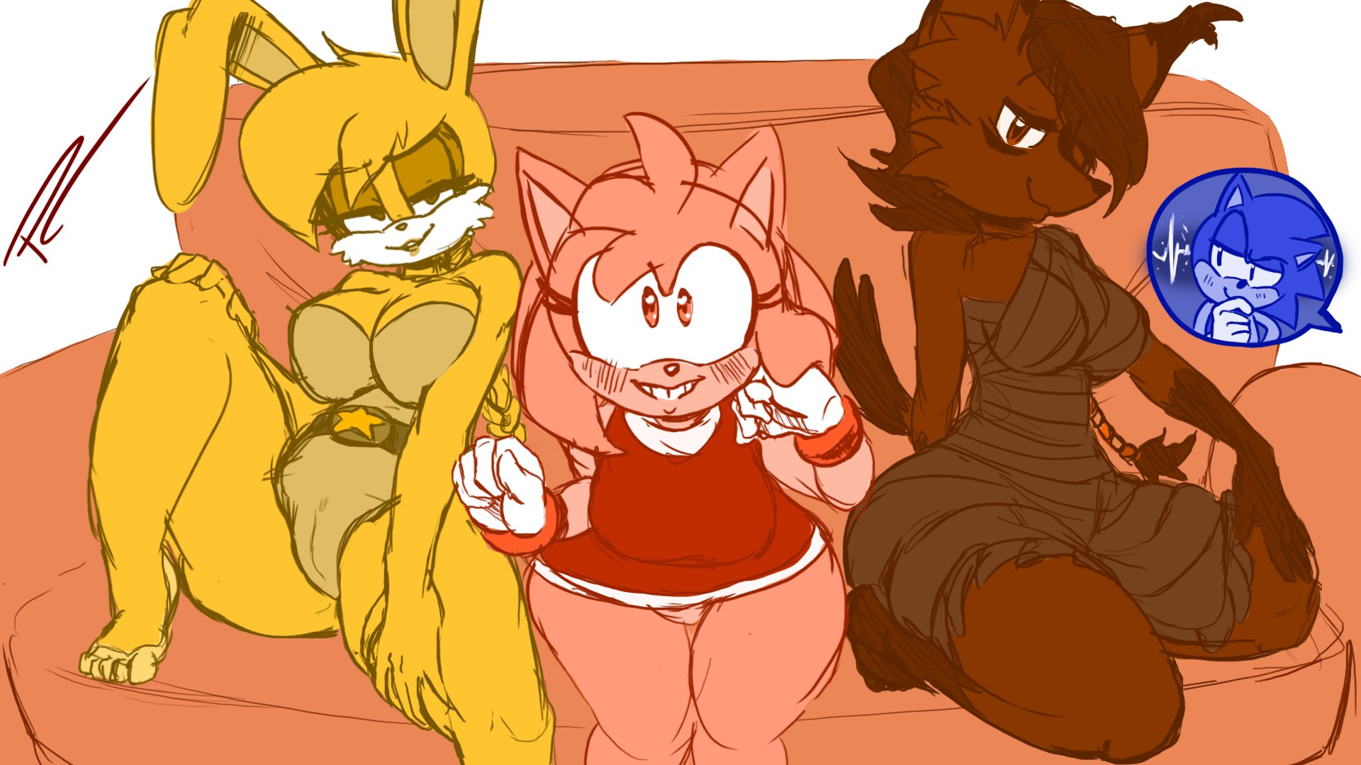 16:9, 1boy, 3girls, 5 toes, amy rose, anthro, barefoot, big breasts, breasts, bunnie rabbot, cameltoe, couch, eulipotyphlan, fakeryway, feet, felid, feline, female, furniture, group, hedgehog, hi res, lagomorph, leporid, looking at viewer, lynx, male, mammal, multiple females, multiple girls, nicole the lynx, on couch, pleasure castle, pussy, rabbit, rough sketch, shortstack, sitting on couch, sofa, sonic (series), sonic the hedgehog, sonic the hedgehog (archie), sonic the hedgehog (comics), sonic the hedgehog (series), thick thighs, toes, wide hips, widescreen