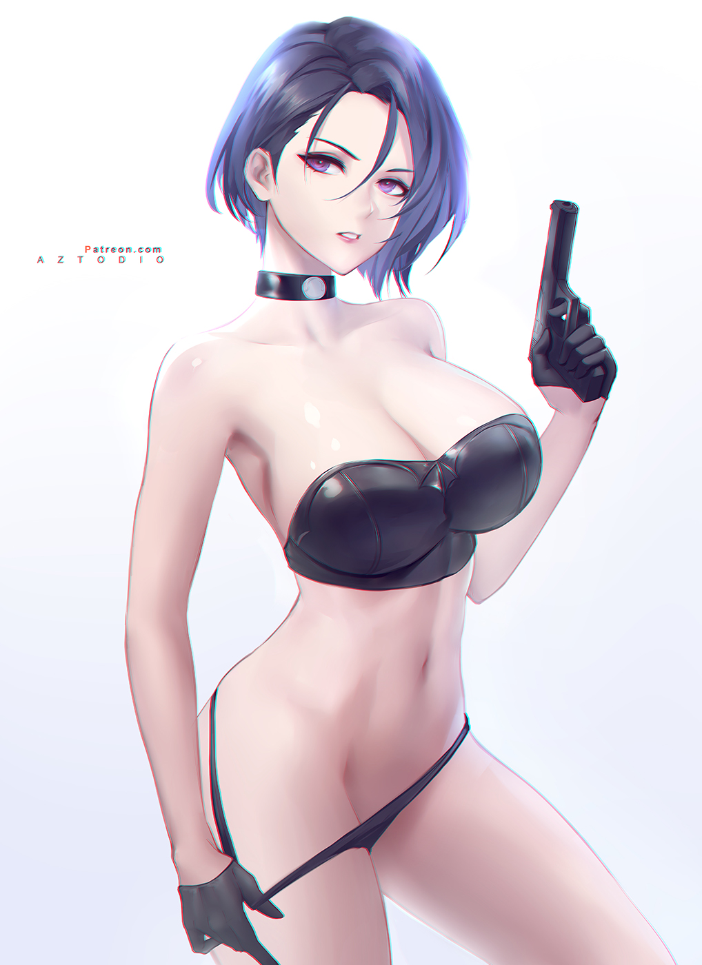 1girls, artist name, azto dio, black bra, black choker, black gloves, bra, breasts, choker, cleavage, collarbone, cowboy shot, female, female only, fire emblem, fire emblem: three houses, gloves, groin, gun, hi res, highres, holding, holding gun, holding weapon, hourglass figure, large breasts, lips, looking at viewer, navel, nintendo, no pants, panties aside, panties down, parted lips, patreon username, purple eyes, purple hair, shamir nevrand, short hair, simple background, solo, solo female, standing, stomach, thighs, underwear only, undressing, weapon, white background