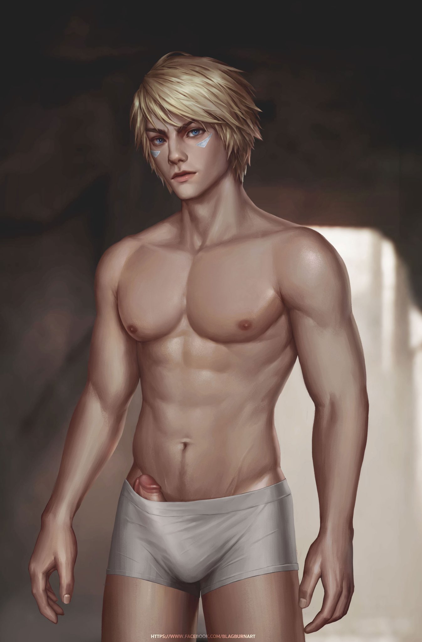 1boy, abs, balls, balls in underwear, blagburn, blonde, blonde hair, blue eyes, boxers, boxers (clothing), erection, erection pushing underwear, erection under clothes, ezreal, face paint, facepaint, highres, human, human only, league of legends, light skin, light-skinned male, looking at viewer, male, male chest, male focus, male nipples, male only, muscles, muscular, muscular male, nipples, pecs, pectorals, penis, penis in underwear, penis out, penis out of underwear, six pack, solo, solo focus, solo male, standing, sweat, sweating, sweaty, underwear, underwear only, white underwear
