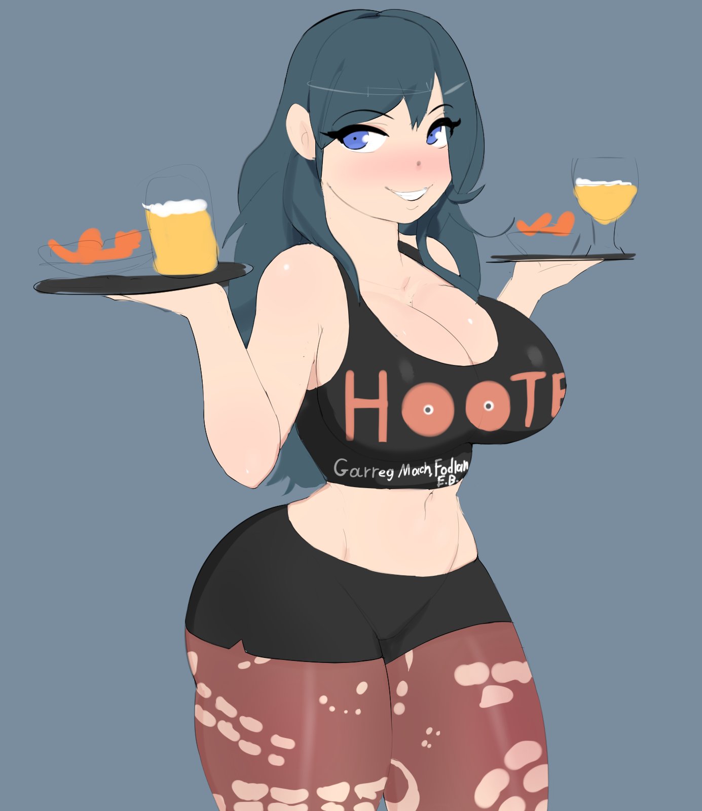 1girls, bare midriff, big breasts, blue eyes, blush, breasts, byleth (fire emblem), byleth (fire emblem) (female), cleavage, female, female only, fire emblem, fire emblem: three houses, g3mma, hooters, huge breasts, large breasts, leggings, midriff, nintendo, shorts, smile, solo, solo female, tank top, teal hair, waitress