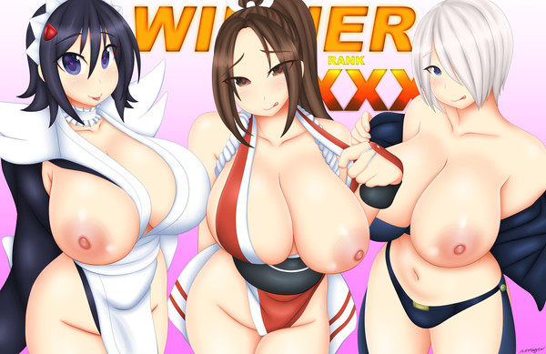 3girls, angel (kof), big breasts, blush, breasts, curvy, exposed breasts, fatal fury, female, female only, heart-shaped pupils, iroha, japanese, king of fighters, kunoichi, large breasts, latina, looking at viewer, mai shiranui, maid, maid headdress, multiple females, multiple girls, ninja, nipples, samurai shodown, seducing viewer, seductive look, snk, somegu, teasing, teasing viewer, tongue, tongue out