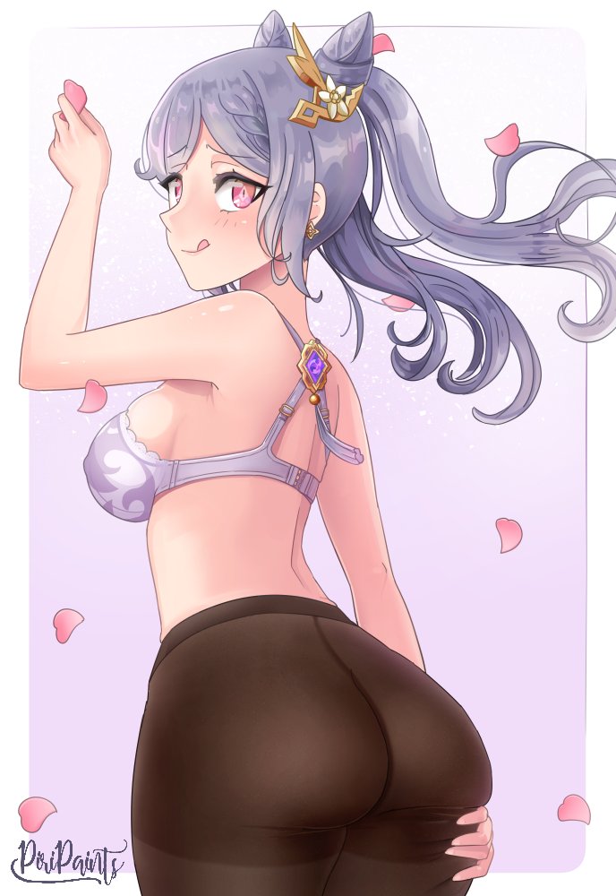 ass, black legwear, bra, breasts, female, flower petals, genshin impact, grey hair, keqing (genshin impact), pantyhose, pink eyes, tights, twintails, white bra