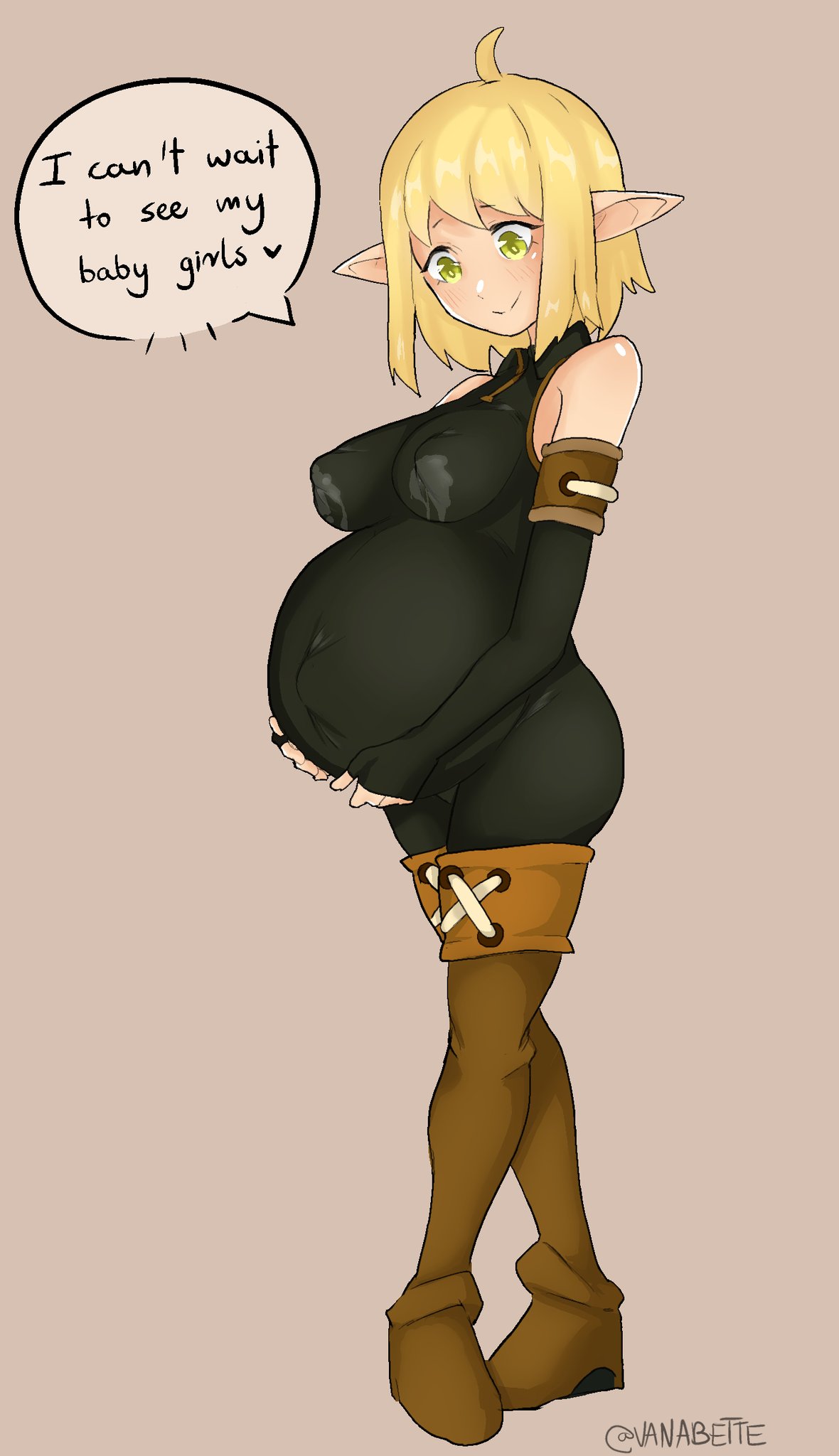 1girls big_breasts canon_pregnancy cleavage elves english_text evangelyne female_only gloves green_eyes huge_belly large_breasts leather_boots long_ears milk nipple_bulge pregnant pregnant_with_multiples ready_to_pop short_hair tight_clothing vanabette wakfu yellow_hair