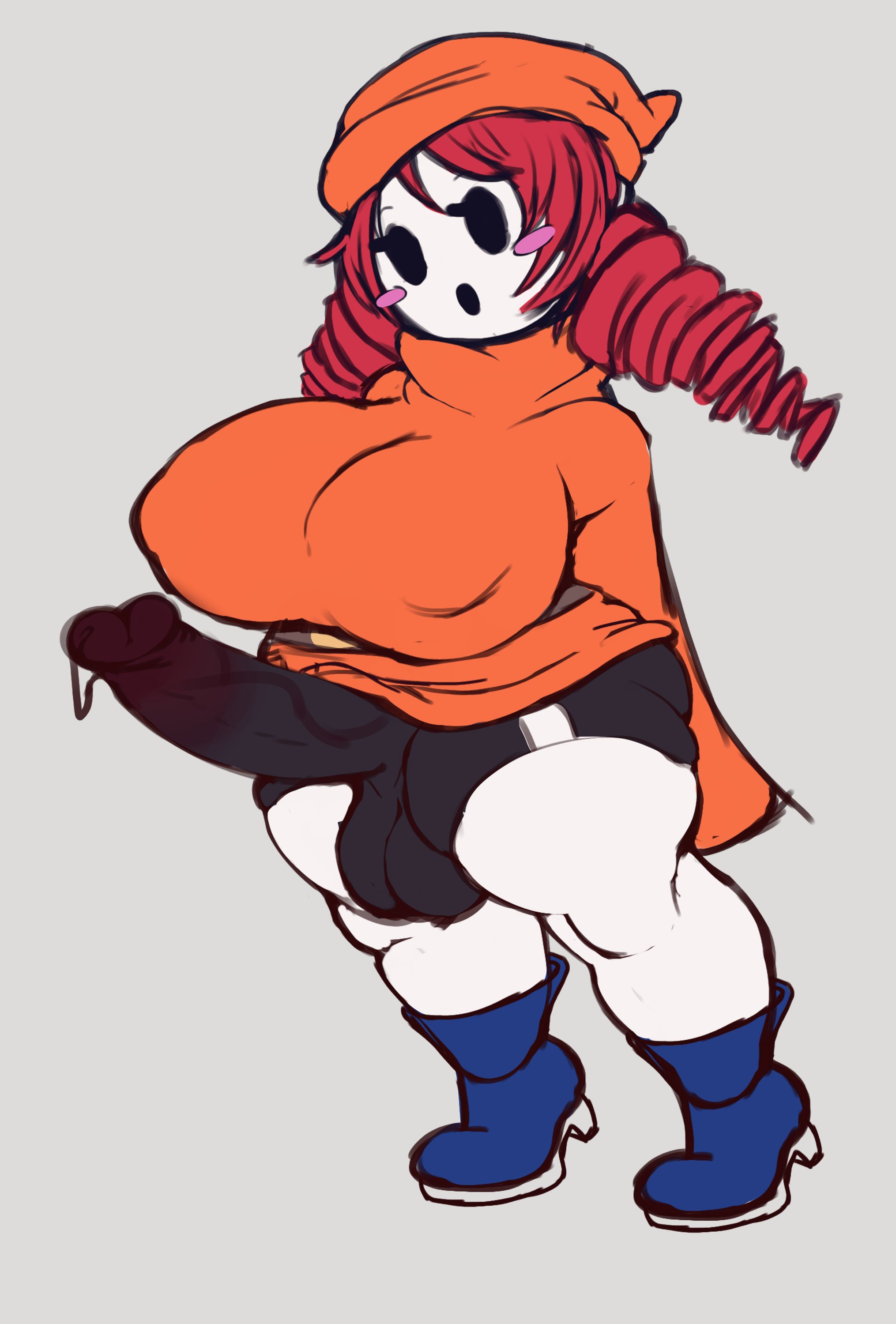1futa, balls, big balls, big breasts, big penis, blush, breasts, clothing, dickgirl, drill hair, dwn000, erection, erection under clothes, full body, futa only, futanari, grey background, huge breasts, intersex, large breasts, large penis, mario (series), mask, nintendo, nipple bulge, original character, penis, precum, shortstack, shy gal, simple background, small but busty, small but hung, solo, solo futa, standing, testicles, thick penis, thick thighs, thighhighs, twin drills, wide hips