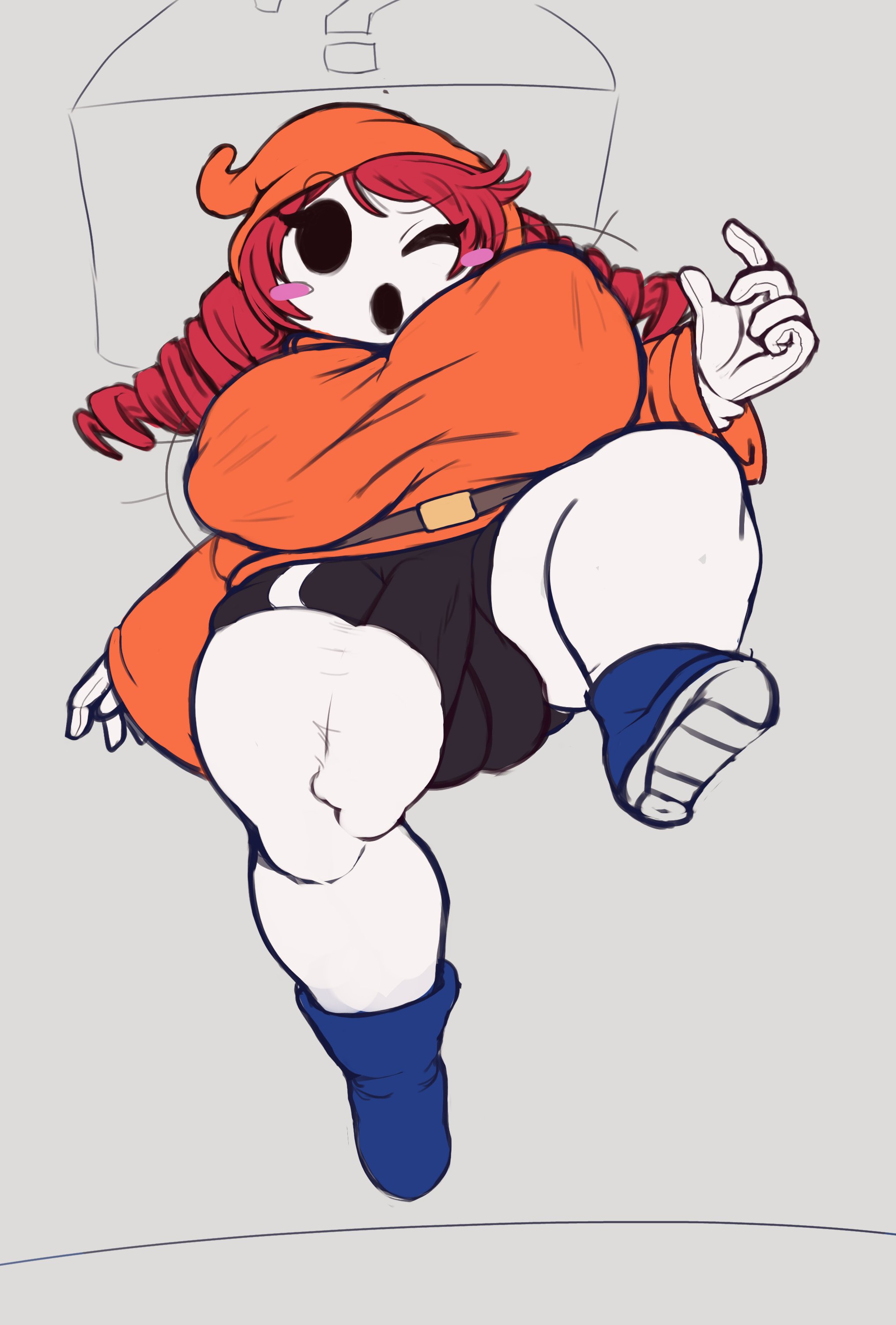 ? block, 1futa, balls, big balls, big breasts, big penis, blush, breasts, clothing, dickgirl, dwn000, erection, erection under clothes, full body, futa only, futanari, grey background, huge breasts, intersex, large breasts, large penis, mario (series), mask, nintendo, nipple bulge, one eye closed, original character, penis, penis in thighhighs, shortstack, shy gal, simple background, small but busty, small but hung, solo, solo futa, super mario bros., testicles, thick penis, thick thighs, thighhighs, wide hips