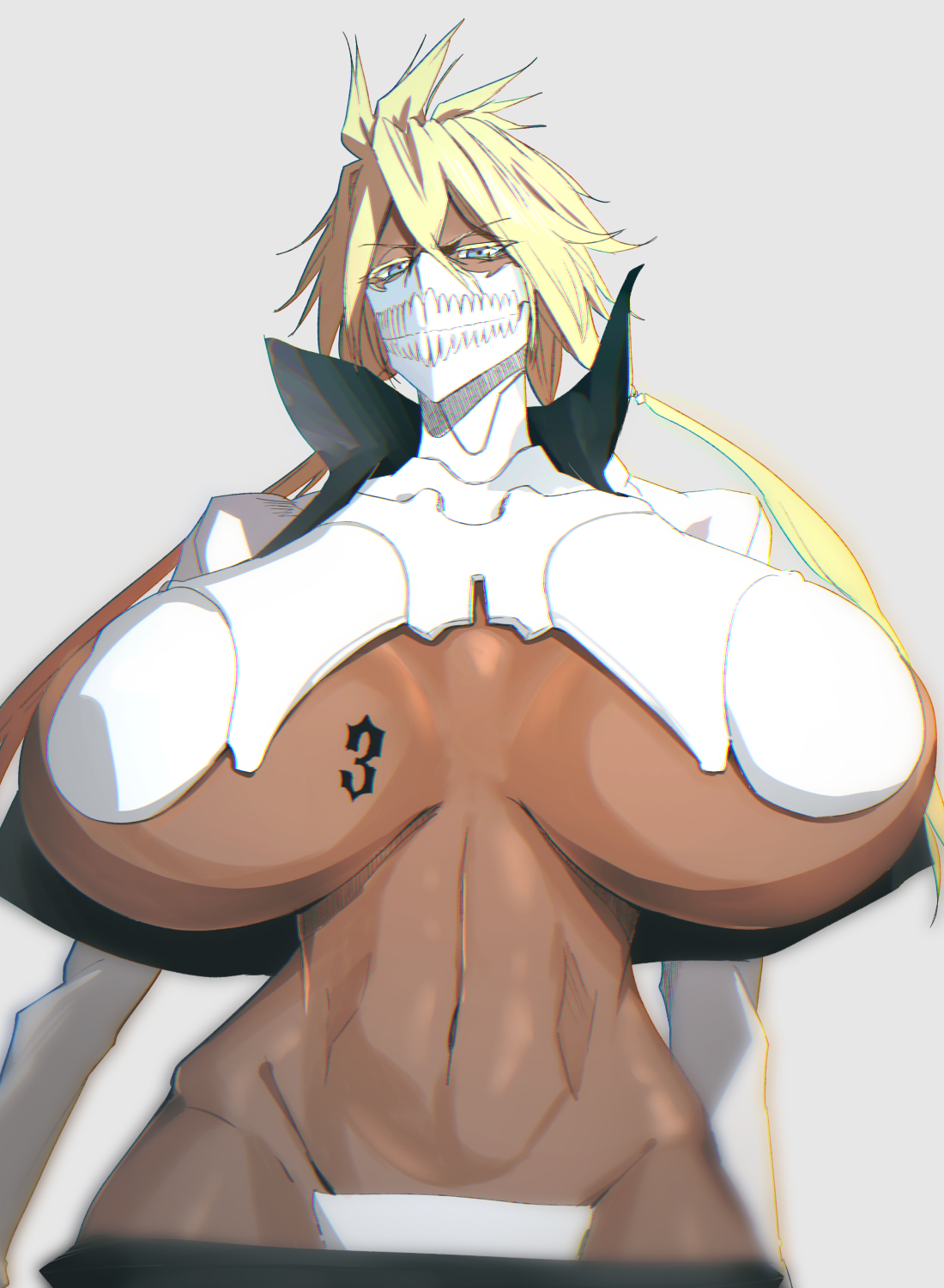 1girls, big breasts, bleach, blonde hair, blue eyes, breasts, chest tattoo, clothing, dark skin, dark-skinned female, eyelashes, female, female only, huge breasts, large breasts, looking at viewer, mask, number, number tattoo, short hair with long locks, tattoo, tia harribel, underboob, upper body