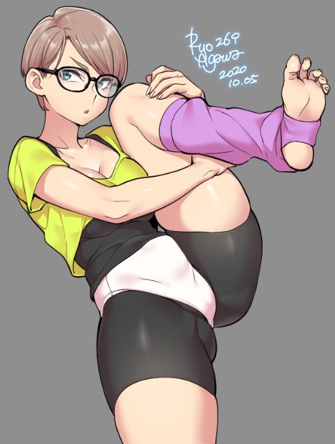 1girls, bike shorts, breasts, cleavage, feet, female, female only, foot fetish, kneehighs, loose socks, pink socks, ryo agawa, socks, solo, spread legs, toes
