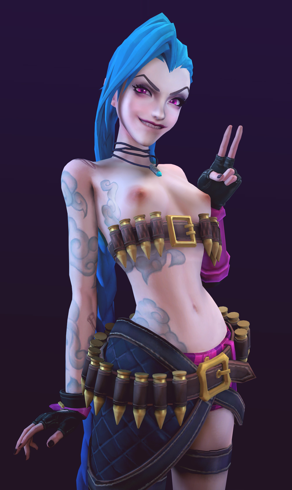 1girls, 3d, 3d (artwork), areolae, batesz, blue hair, breasts, female, female only, jinx (league of legends), league of legends, looking at viewer, nipples, solo, source filmmaker