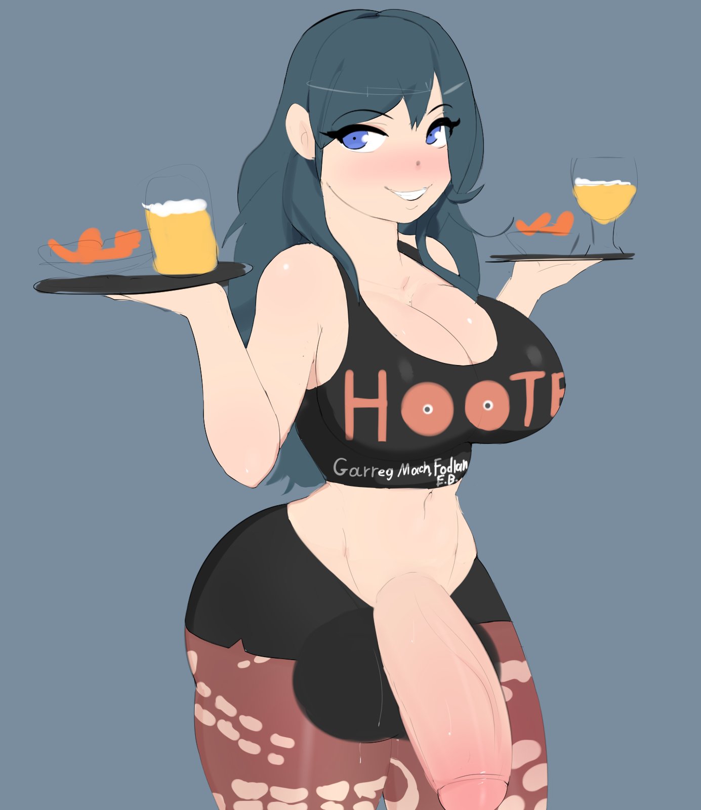 1futa, balls, bare midriff, big breasts, big penis, blue eyes, breasts, byleth (fire emblem), byleth (fire emblem) (female), cleavage, dickgirl, erection, female, fire emblem, fire emblem: three houses, futa only, futanari, g3mma, hooters, huge balls, huge breasts, huge cock, huge testicles, intersex, large breasts, leggings, midriff, nintendo, penis, shorts, smile, solo, solo female, solo futa, tank top, teal hair, testicles, waitress