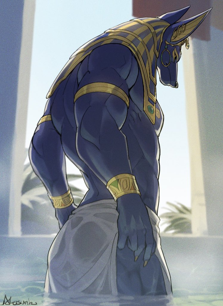 anubis, bath, egyptian mythology, gold jewelry, male, male only, tagme, water, wet clothes