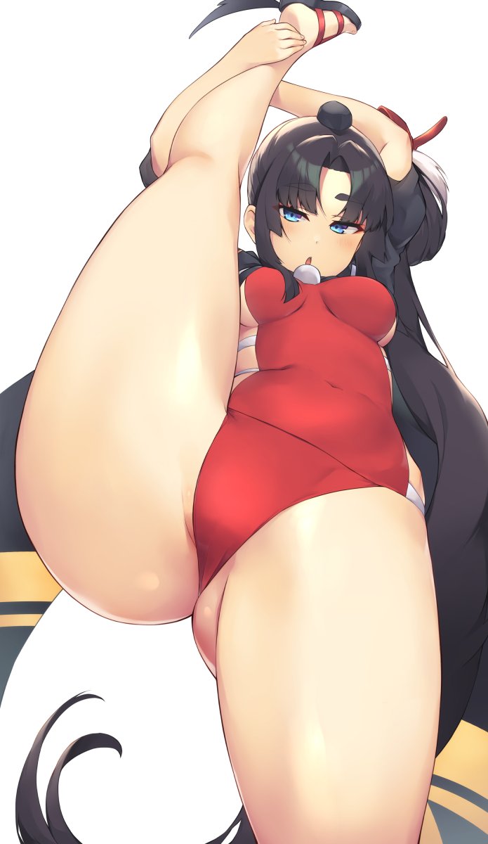 cameltoe, fate (series), fate/grand order, female, leg hold, legs up, one-piece swimsuit, p!nta, pussy, splits, swimsuit, tagme, ushiwakamaru (fate/grand order), vertical splits