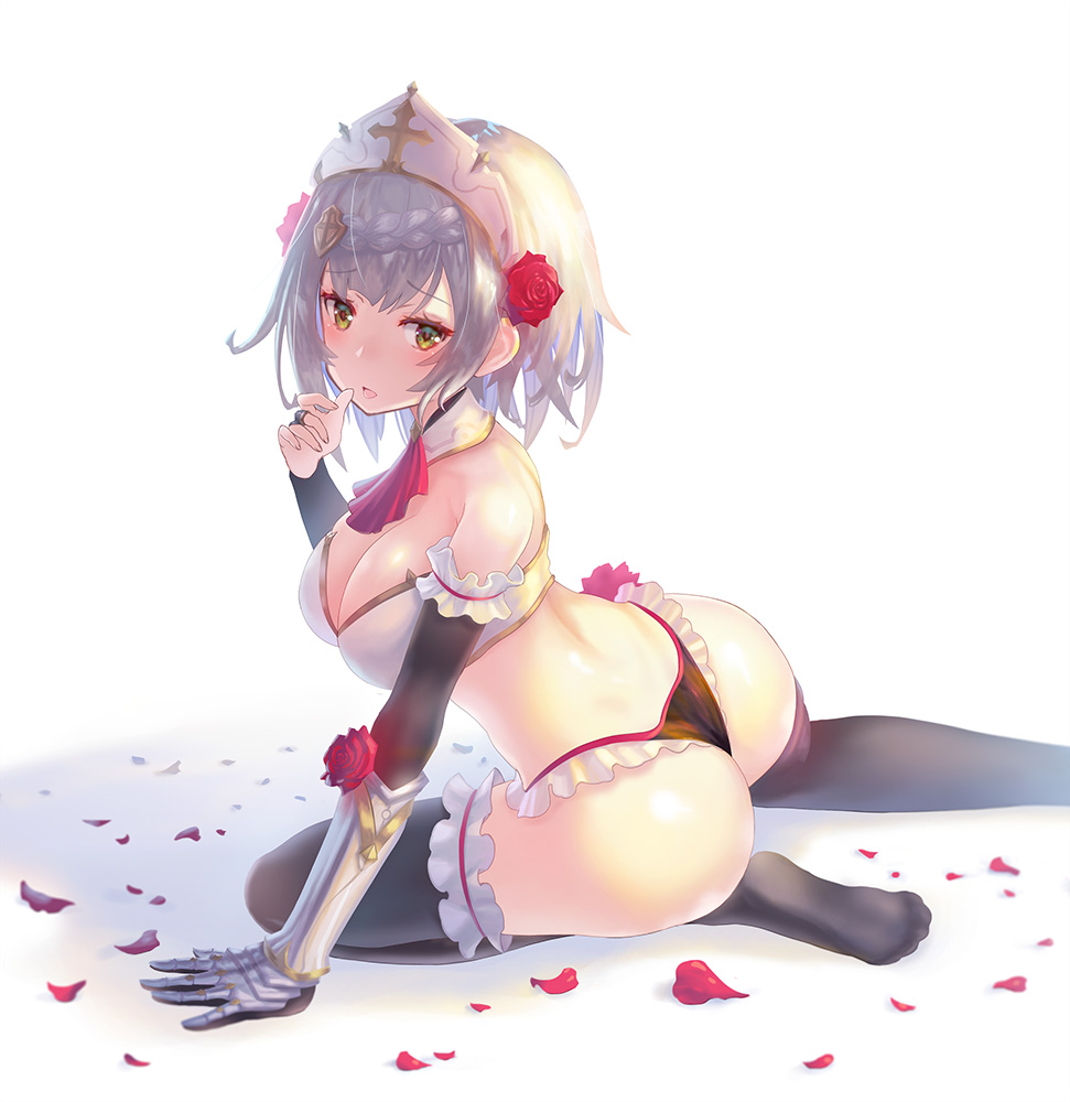 ass breasts cleavage female female_warrior flower genshin_impact green_eyes large_breasts legwear looking_at_viewer maid_gari noelle_(genshin_impact) rose short_hair skimpy_clothes tanaka_kenichi_(artist) thong underwear white_hair