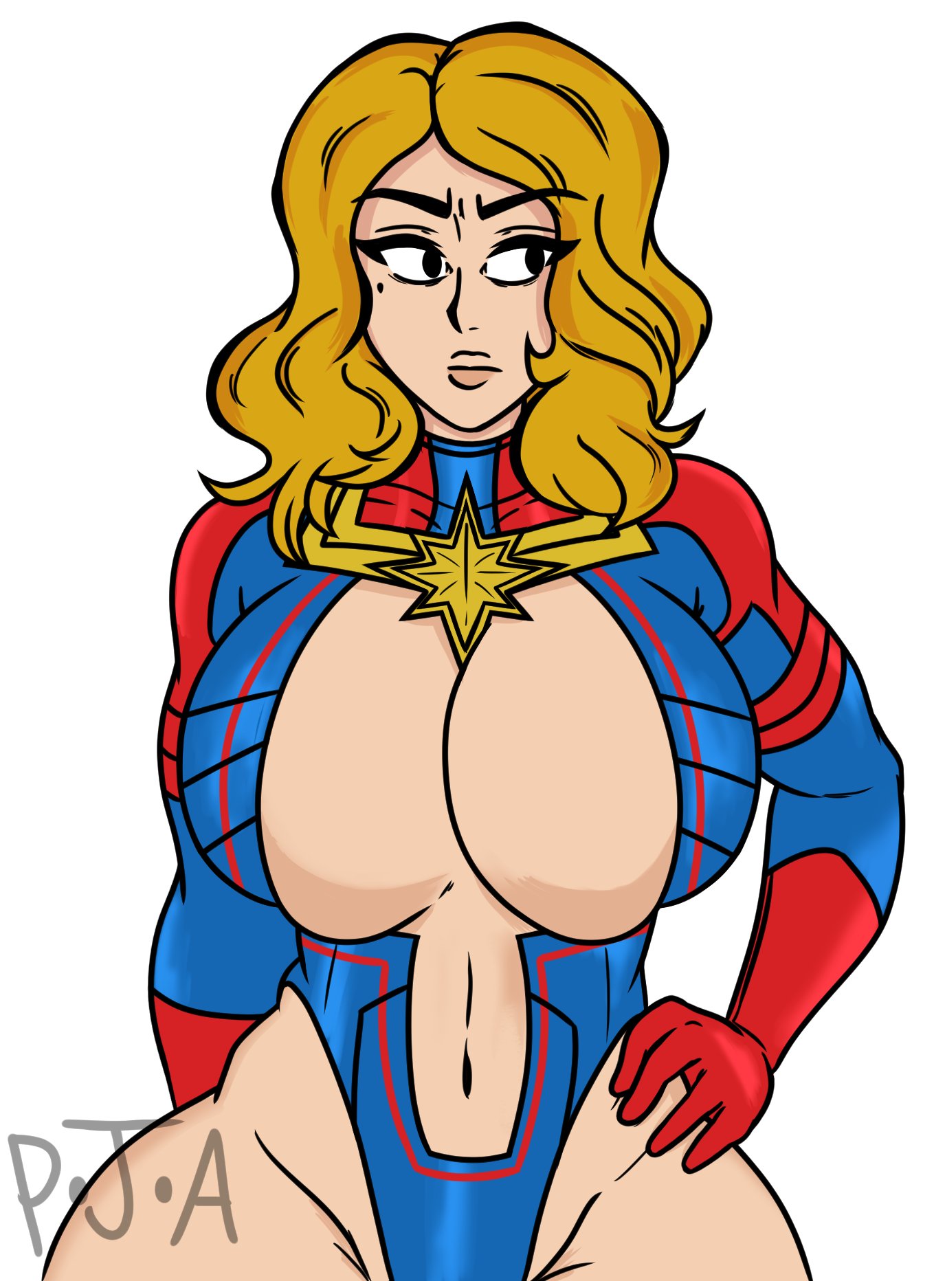 big_breasts black_eyes blonde_hair bodysuit breasts busty captain_marvel carol_danvers child_bearing_hips cleavage deep_cleavage female female_focus female_only female_superhero hourglass_figure huge_breasts large_breasts long_hair marvel marvel_comics p.j.a pawg pinup pinup_pose pose posing skimpy skimpy_bodysuit skimpy_clothes solo standing superhero superheroine wide_hips