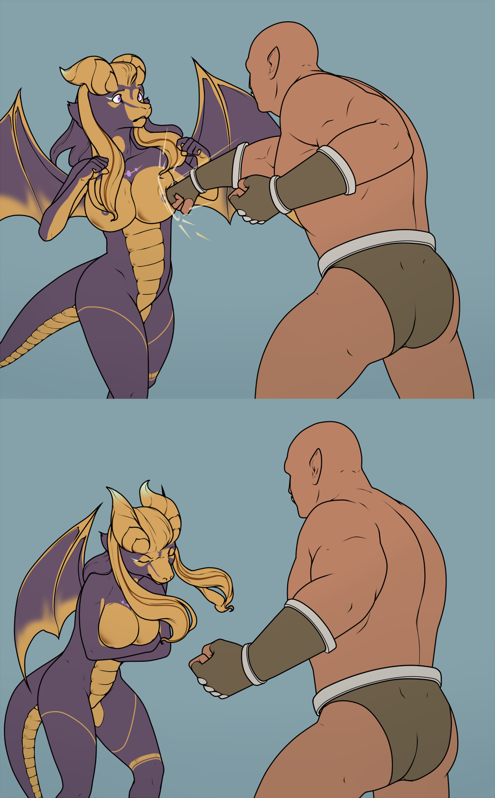 9x9 anthro armor ass bald big_breasts blonde_hair breasts breasts_torture briefs clothed clothed/nude clothed_male_nude_female clothing dragon duo female fight gauntlets gloves hair handwear hi_res horn humanoid_pointy_ears long_hair male nude orc pain punch scalie straight topless underwear violence wings