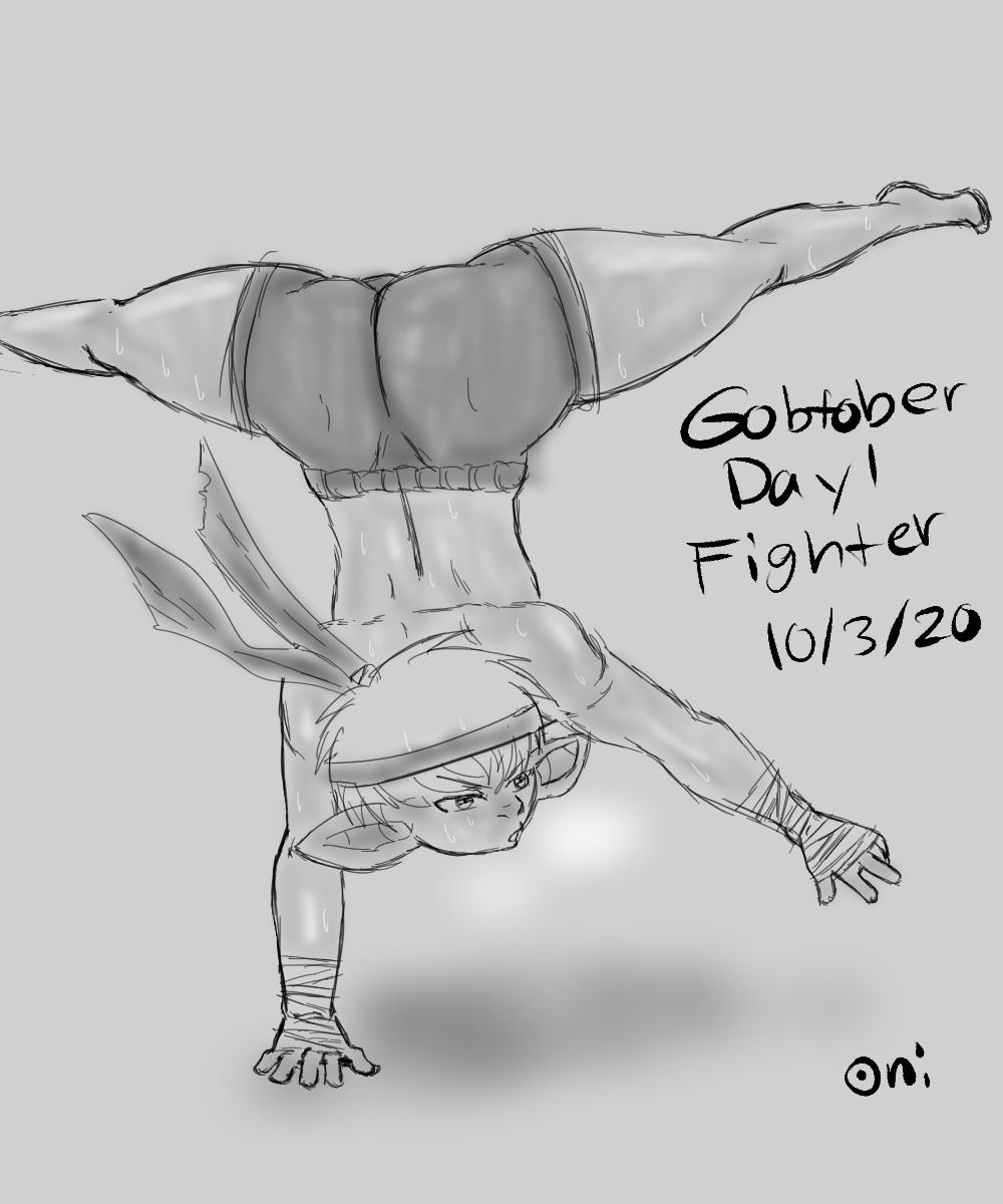 bandana big_ass big_butt goblin goblin_female handstand muscular_female oni_draws short_hair shorts shortstack spread_legs thick_thighs topless