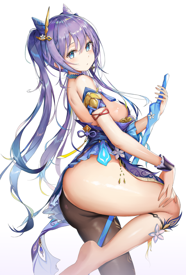 ass female female_focus genshin_impact keqing_(genshin_impact) kiriko_(araragikoyomi) looking_at_viewer ponytails thick_thighs thighhighs turquoise_eyes twintails