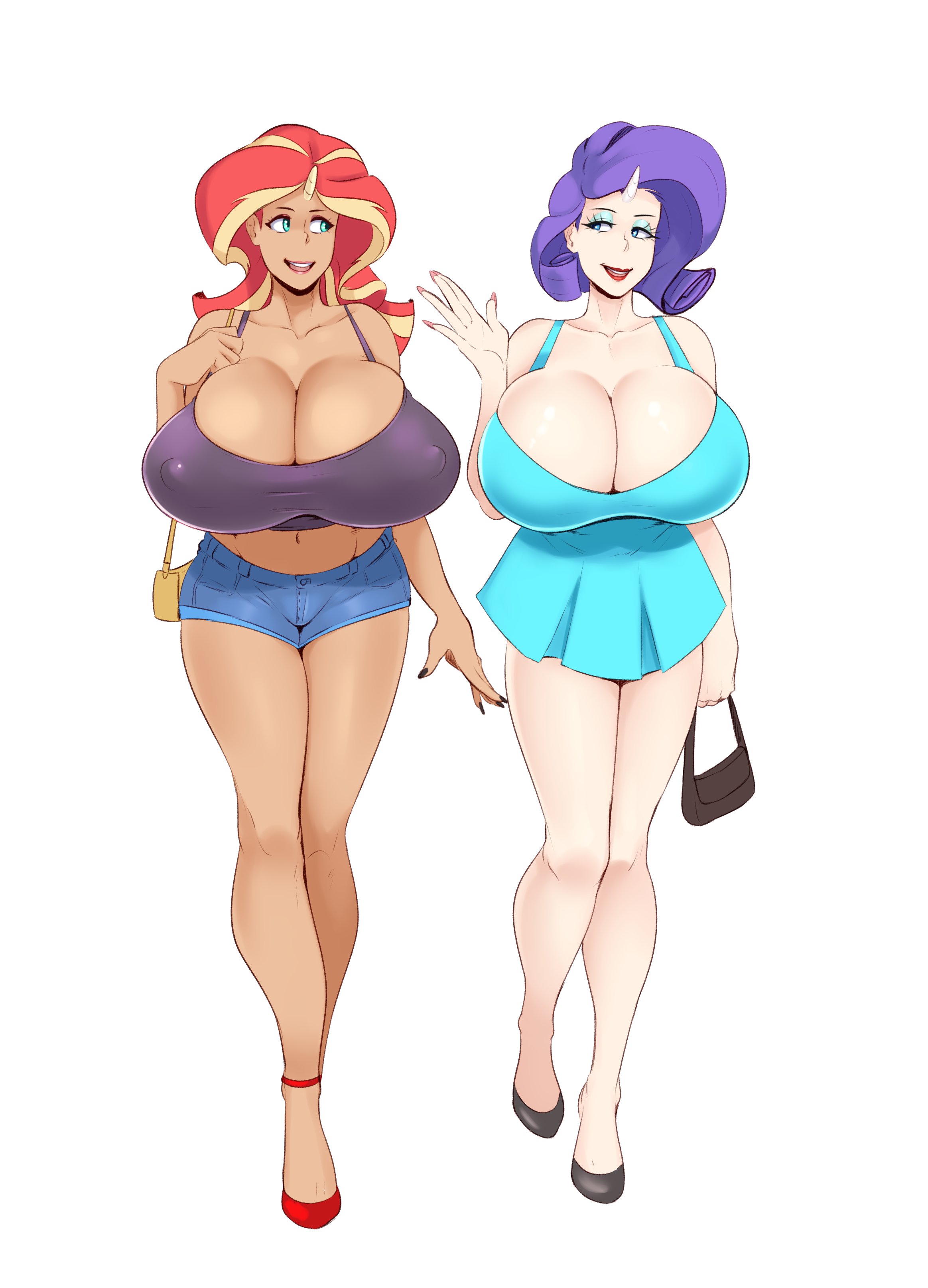 2girls, big breasts, breasts, cleavage, female, female only, friendship is magic, huge breasts, human, humanized, large breasts, my little pony, rarity (mlp), smooth skin, sunnysundown, sunset shimmer, thick thighs, wide hips