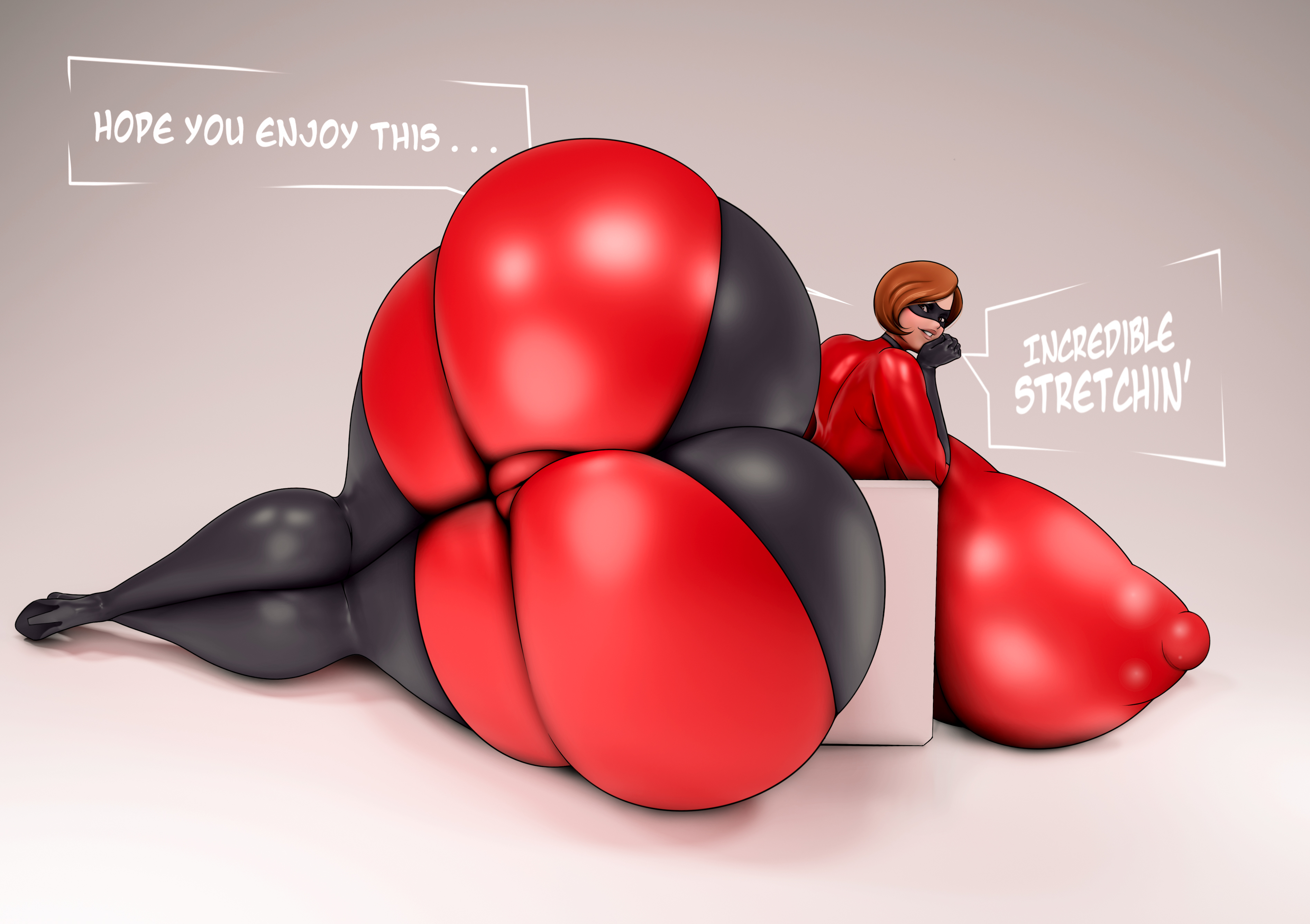 1girls, areola bulge, armwear, ass, big ass, big breasts, big butt, bodysuit, breasts, cameltoe, clothing, disney, elastigirl, eyewear, female, female only, footwear, gigantic ass, gigantic breasts, gigantic butt, hair, handwear, helen parr, high heel boots, high heels, huge ass, huge breasts, huge butt, hyper, hyper ass, hyper breasts, hyper butt, hyper hips, larger female, legwear, looking at viewer, looking back, lying, lying on side, mask, pixar, pussy, simple background, size difference, smooth skin, solo, someshittysketches, text, the incredibles, thick thighs, wide hips