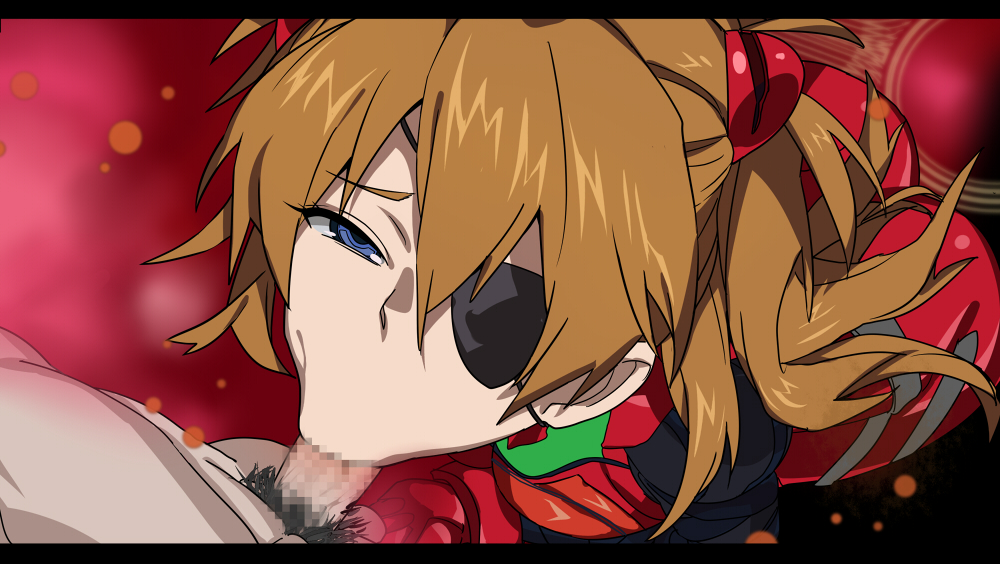 :>=, 1boy, 1girls, asuka langley sohryu, blowjob, blowjob face, blue eyes, bodysuit, breasts, brown hair, censored, clothing, deepthroat, eye patch, eyepatch, fellatio, female, human, light skin, light-skinned female, long hair, looking at viewer, looking pleasured, male, male pov, male pubic hair, mosaic censoring, naughty face, neon genesis evangelion, open mouth, oral, orange hair, penis, pilot suit, pleasure face, plugsuit, pov, pov eye contact, pubic hair, rebuild of evangelion, straight
