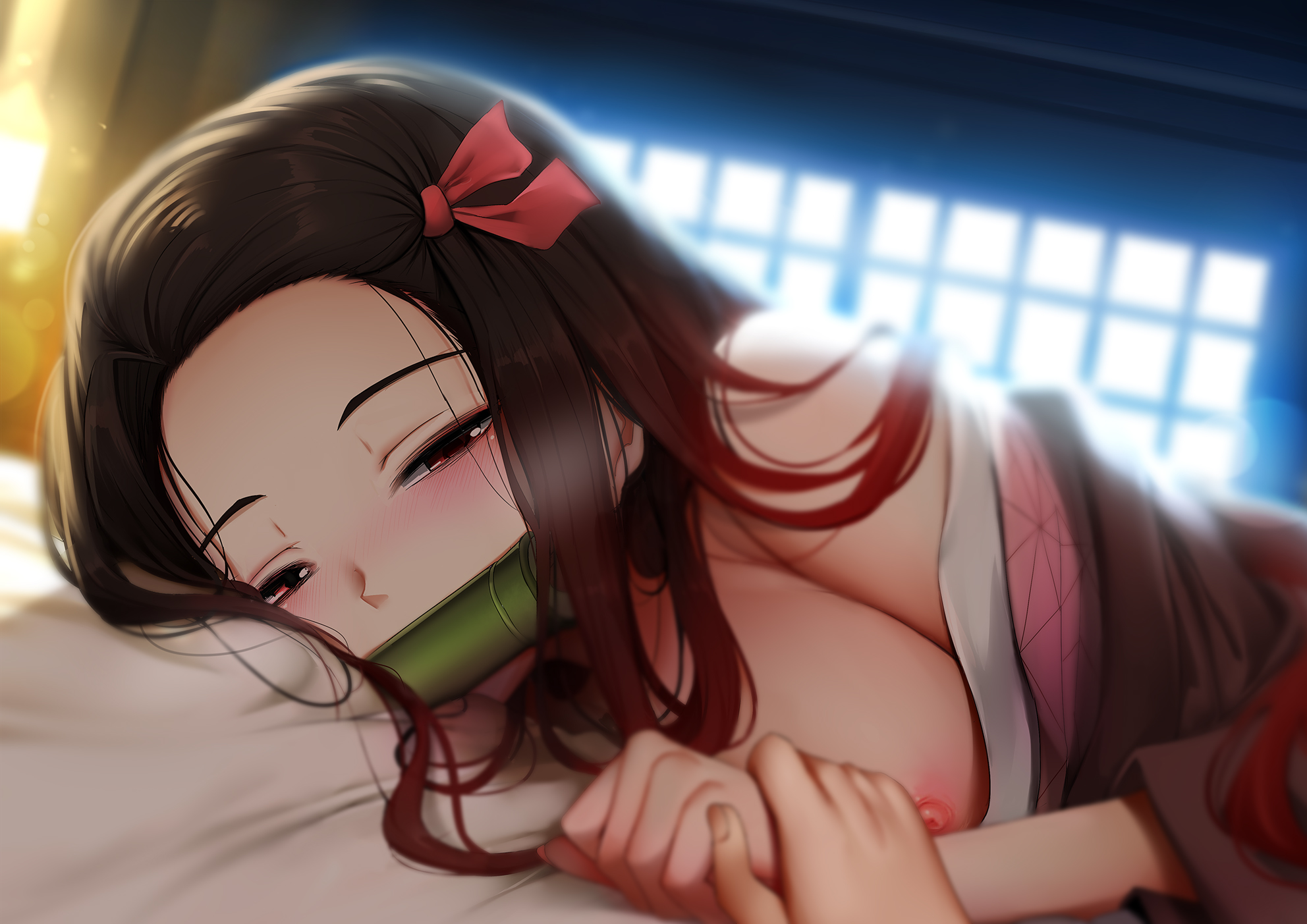 1girls, bamboo, bed, bed sheet, bedroom, black hair, black-haired female, blush, breasts, clothing, demon, demon girl, demon slayer, female, ginhaha, hand holding, haori, kamado nezuko, kimetsu no yaiba, kimono, laying down, long hair, looking at viewer, medium breast, muzzled, nipples, pillow, wholesome