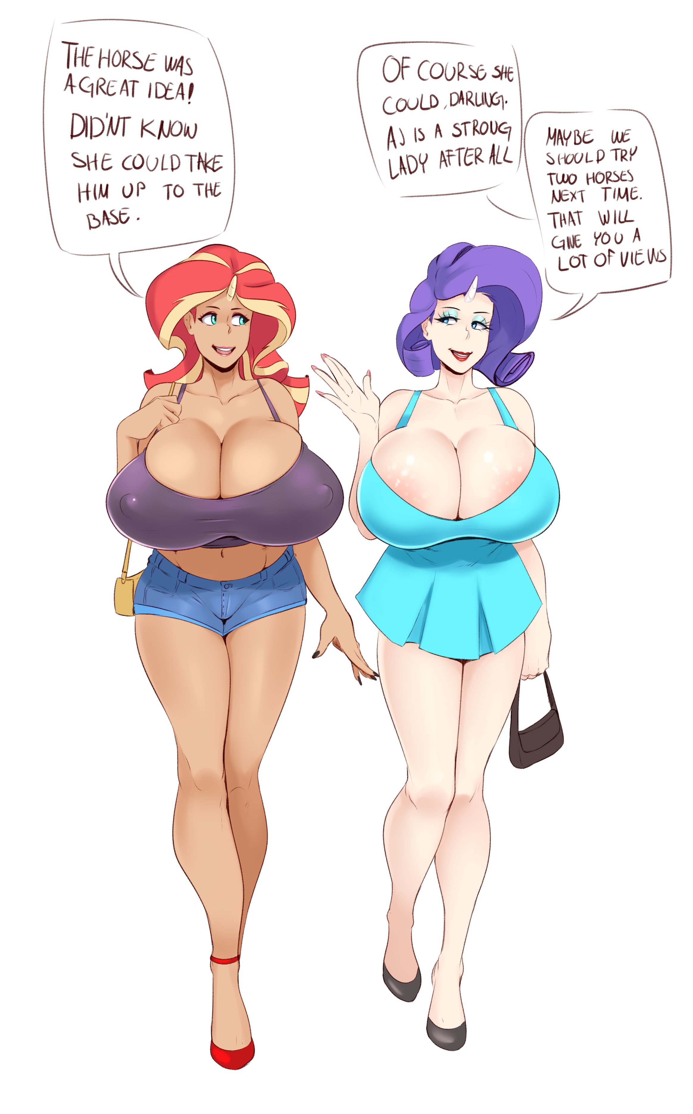 2girls, big breasts, breasts, cleavage, clothed, clothed female, dialogue, english dialogue, english text, equestria girls, female, female focus, female only, friendship is magic, fully clothed, huge breasts, human, humanized, large breasts, minishorts, multiple females, multiple girls, my little pony, purple hair, rarity (mlp), simple background, smooth skin, sunnysundown, sunset shimmer, text, thick thighs, white background, white body, wide hips, yellow body