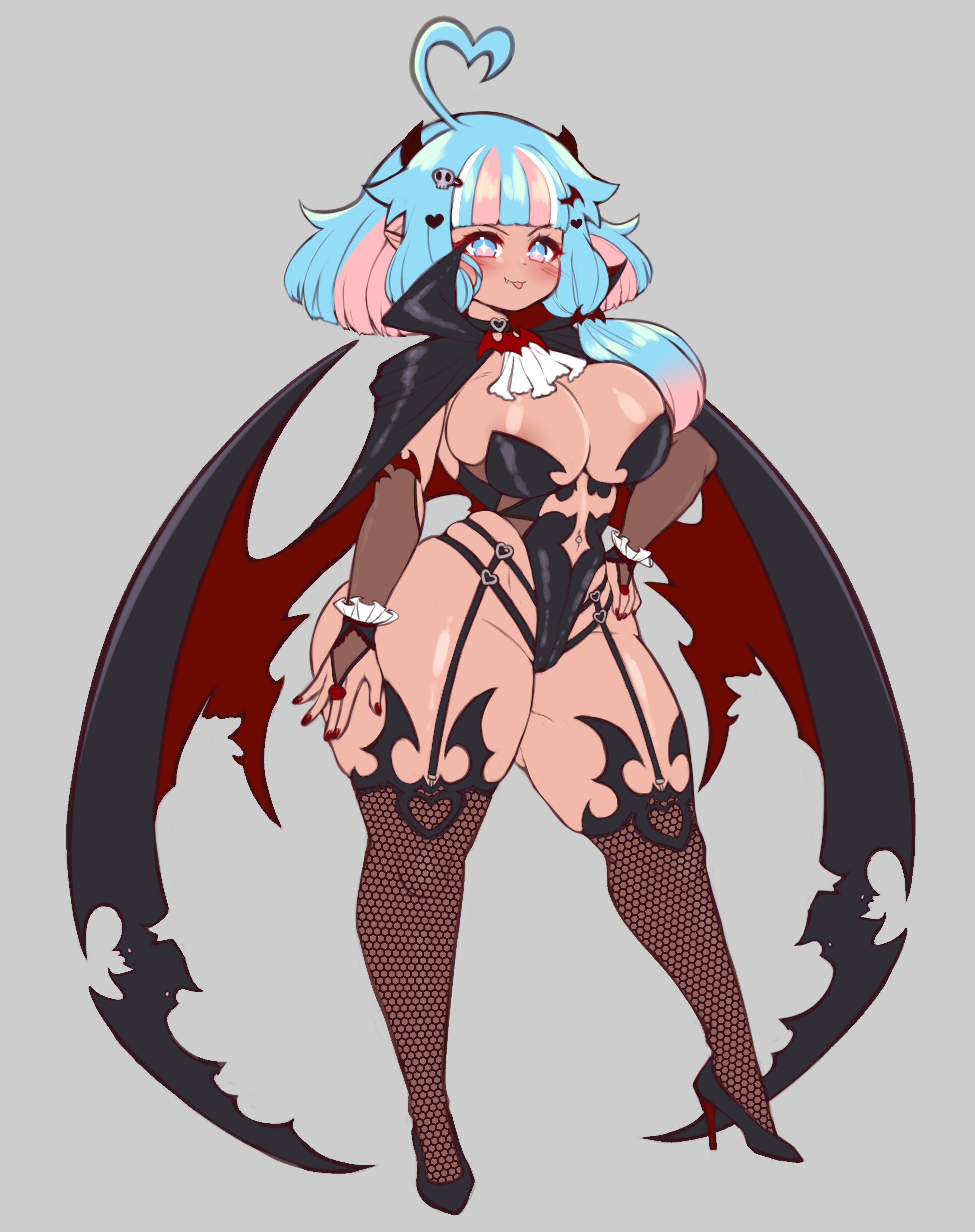 :p, 1girls, ahoge, arm stockings, blue eyes, blue hair, blush, breasts, choker, cleavage, cloak, female, female only, grey background, hair ornament, halloween costume, heart ahoge, heels, horns, jojoniumart, medium hair, minari (jojoniumart), navel piercing, pink eyes, pink hair, pointy ears, red nails, solo, solo female, stockings, thick thighs, tied hair, two-tone eyes, two-tone hair, vampire, very high resolution, wide hips, wings, wrist cuffs