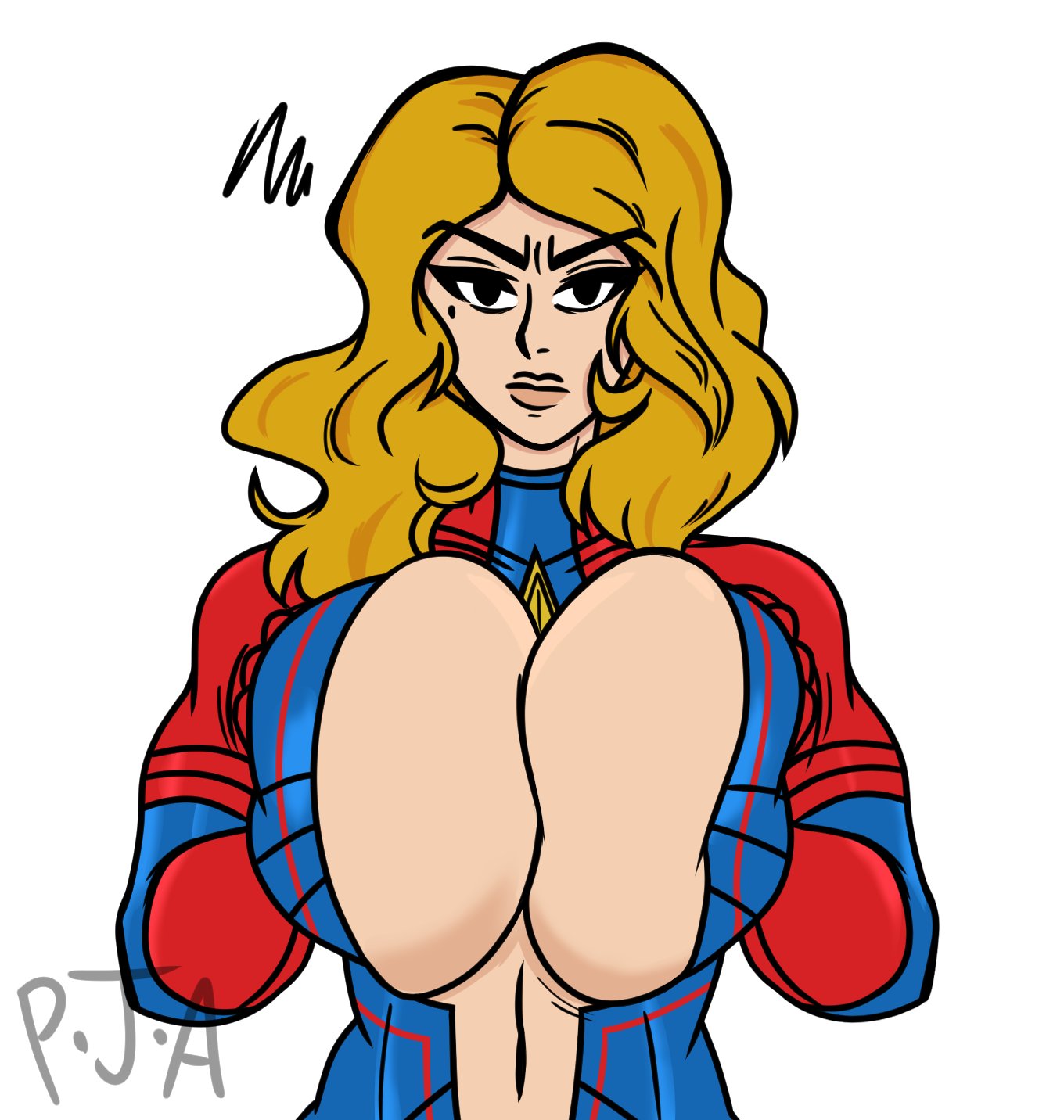 big_breasts black_eyes blonde_hair bodysuit breasts busty captain_marvel carol_danvers cleavage deep_cleavage female female_focus female_only female_superhero hourglass_figure huge_breasts large_breasts long_hair marvel marvel_comics p.j.a pinup pinup_pose pose posing skimpy skimpy_bodysuit skimpy_clothes solo standing superhero superheroine wide_hips