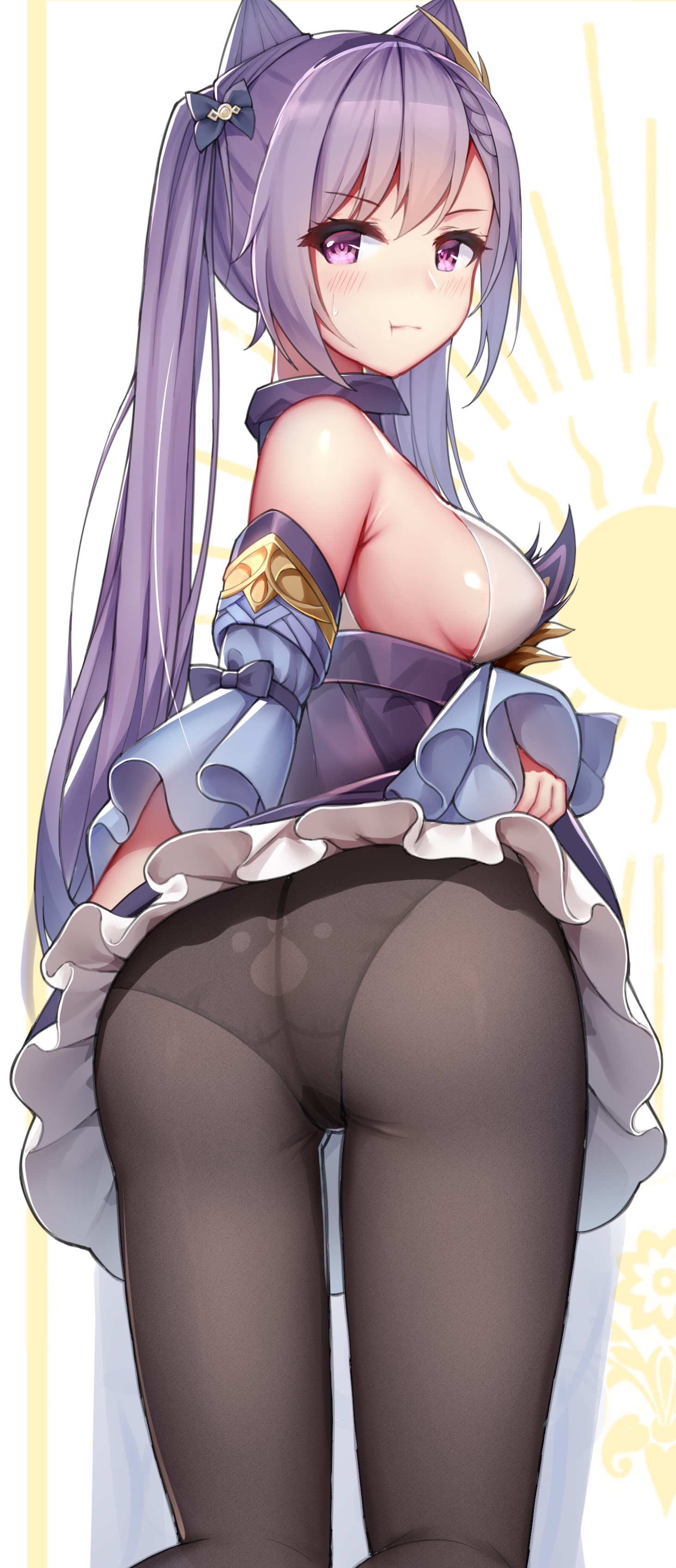 1girls, annoyed, ass, blush, breasts, cameltoe, cat ears, clothed, clothed female, detached sleeves, female, female focus, female only, fully clothed, gei daipf, genshin impact, hairbow, keqing (genshin impact), long hair, looking at viewer, looking back, medium breasts, pantyhose, ponytail, pout, presenting, presenting hindquarters, purple eyes, purple hair, pussy, pussy juice, simple background, skirt, skirt lift, small ass, solo, solo female, thick thighs, twintails