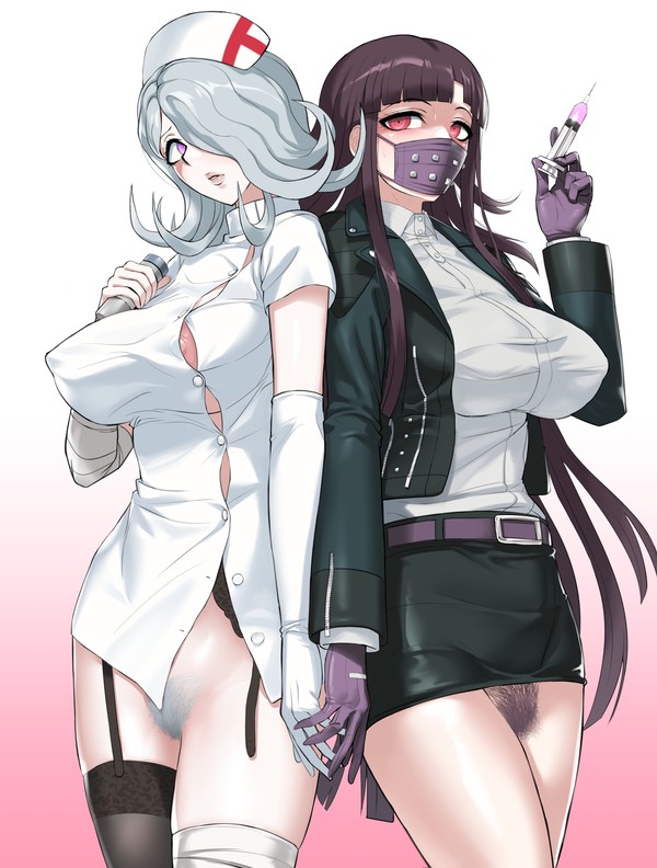 akizora, breasts, danganronpa, danganronpa 2: goodbye despair, danganronpa 3, female, grey hair, huge breasts, kimura seiko, long hair, mask, no panties, nurse, outfit swap, pubic hair, purple eyes, skirt, straight hair, syringe, tagme, thick, thighhighs, tsumiki mikan