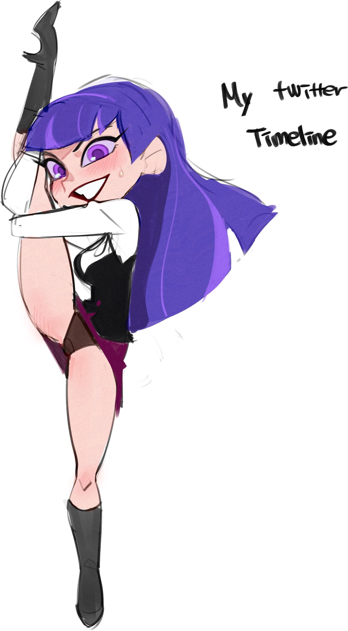 1girls, blush, burgundy skirt, cheez, dc, dc comics, dc super hero girls, female, female only, panties, pantyshot, purple eyes, purple hair, skirt, smile, splits, straight hair, sweatdrop, upskirt, vertical splits, zatanna, zee zatara