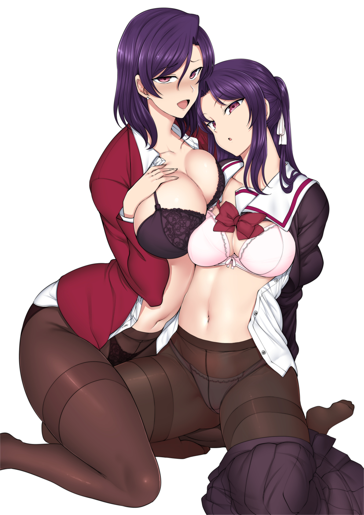 2girls, aiue oka, breasts, female, huge breasts, human, large breasts, long hair, looking at viewer, mature, mature female, milf, mother and daughter, naughty face, pantyhose, plain background, school uniform, simple background, thighband pantyhose