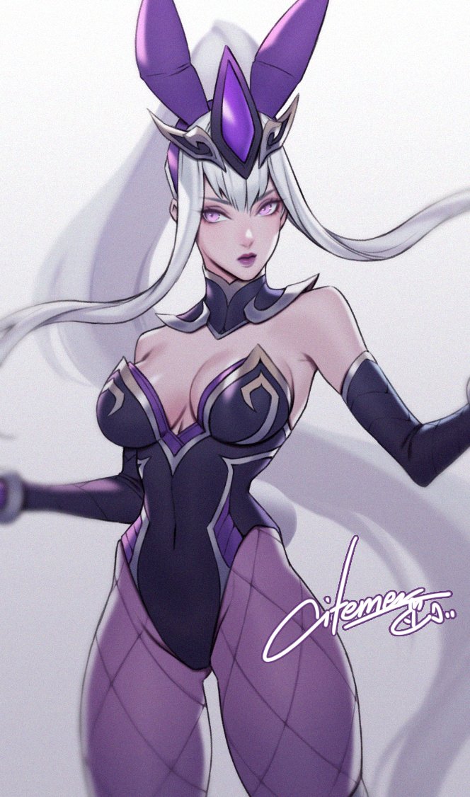bunny costume, bunny ears, bunny tail, bunnysuit, citemer, corset, female, front view, league of legends, narrowed eyes, purple eyes, syndra, thighhighs, white hair