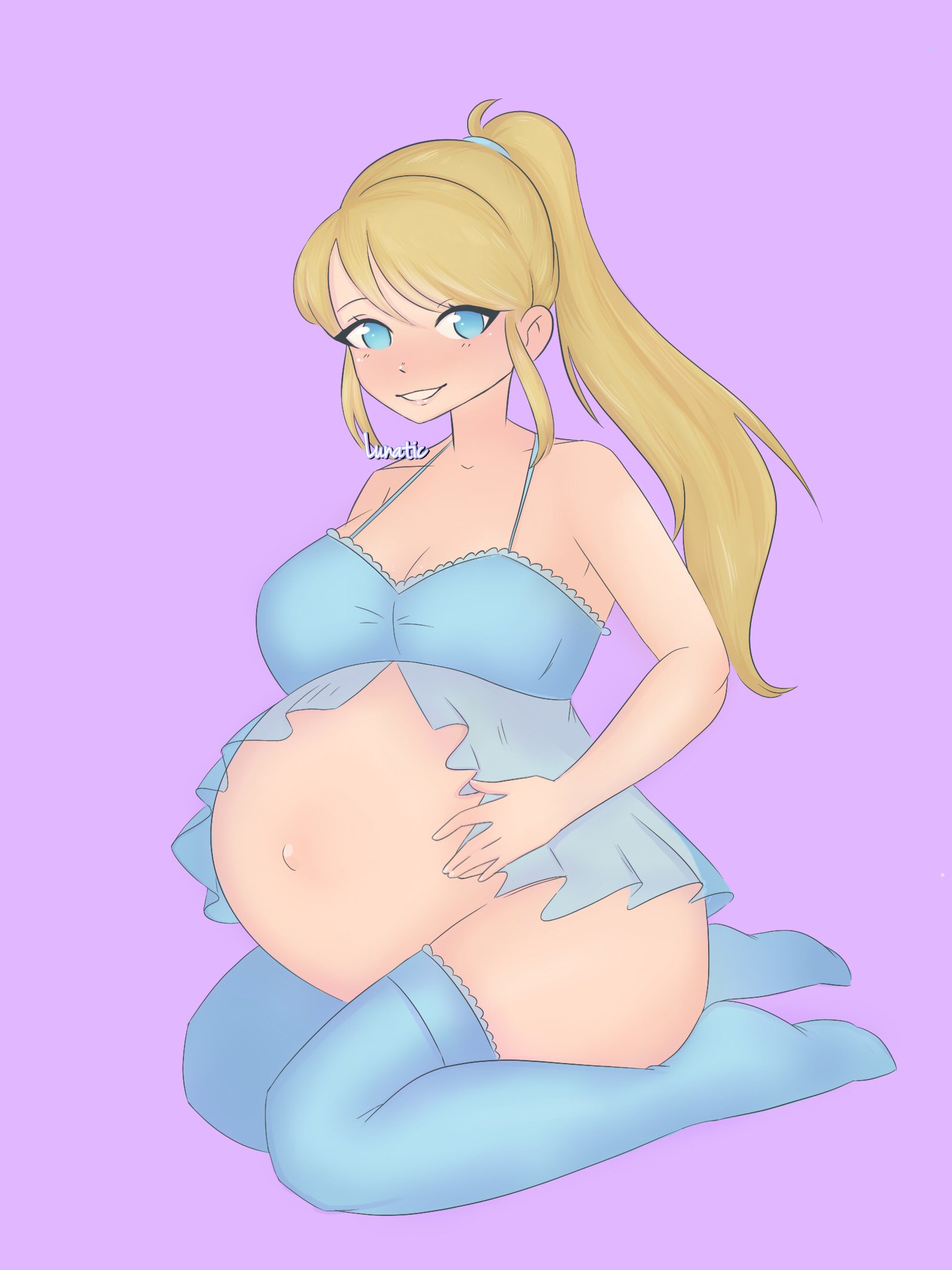 breasts, cleavage, female, female protagonist, huge belly, looking at viewer, lunarpix, lunatic2028, metroid, nintendo, pregnant, ready to pop, samus aran, solo