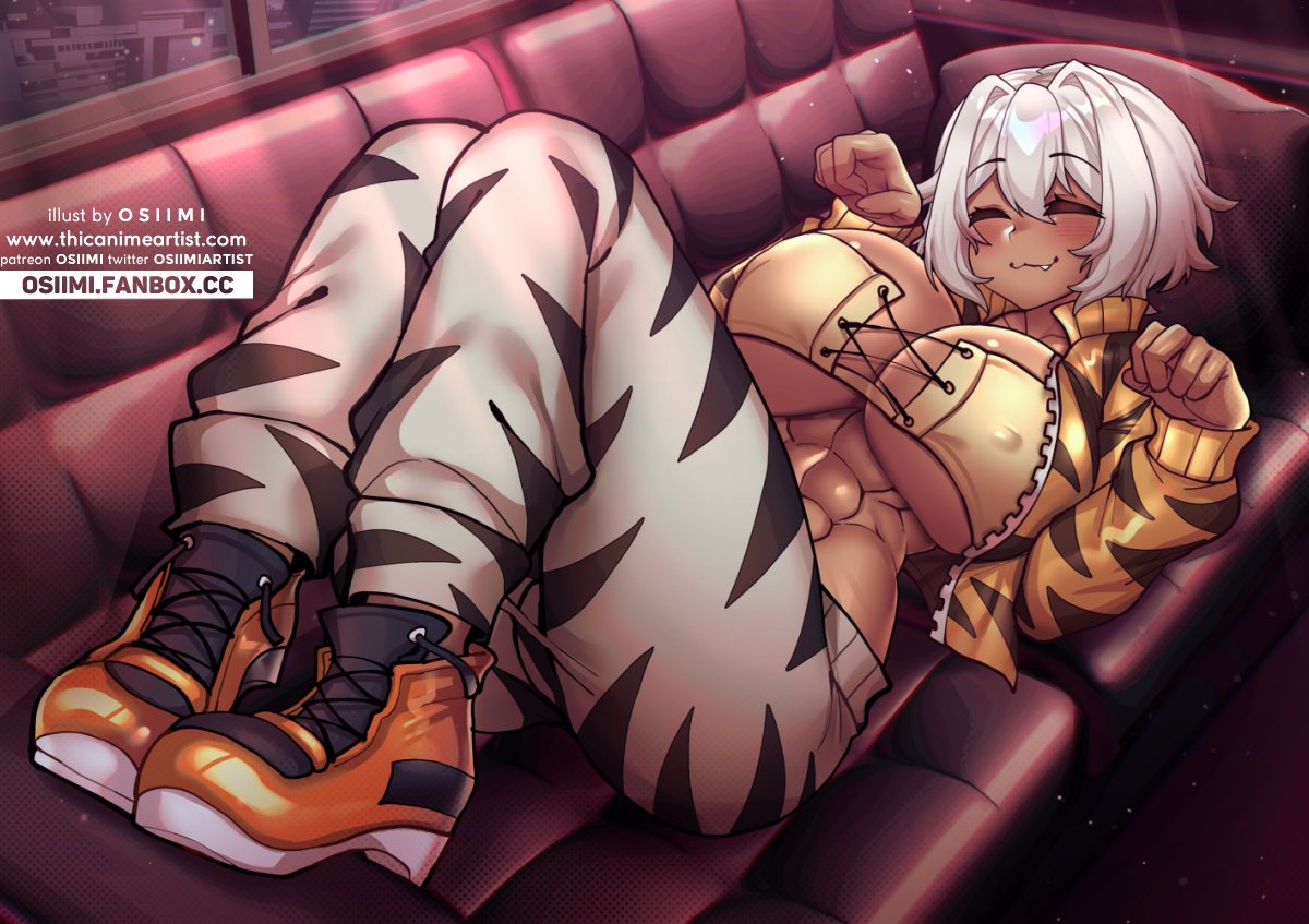 :3 abs big_breasts blush closed_eyes couch cute dark-skinned_female dark_skin huge_breasts laying_down legs_up mr.cinders muscular muscular_female oerba_yun_fang osiimi reena_(mr.cinders) short_hair silver_hair six_pack thick_eyelashes