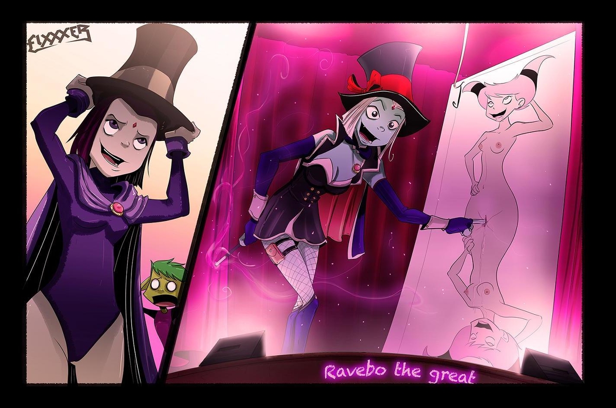1boy, 2girls, ahe gao, beast boy, before and after, cape, corruption, dc, dc comics, enemy conversion, female, finger fuck, fingering, fishnet stockings, fishnets, fixxxer, forehead jewel, jinx (dc), leotard, magician hat, male, multiple females, multiple girls, pink hair, playing card, purple hair, pussy, pussy juice, raven (dc), short hair, smoking, straight, teen titans, top hat, wand
