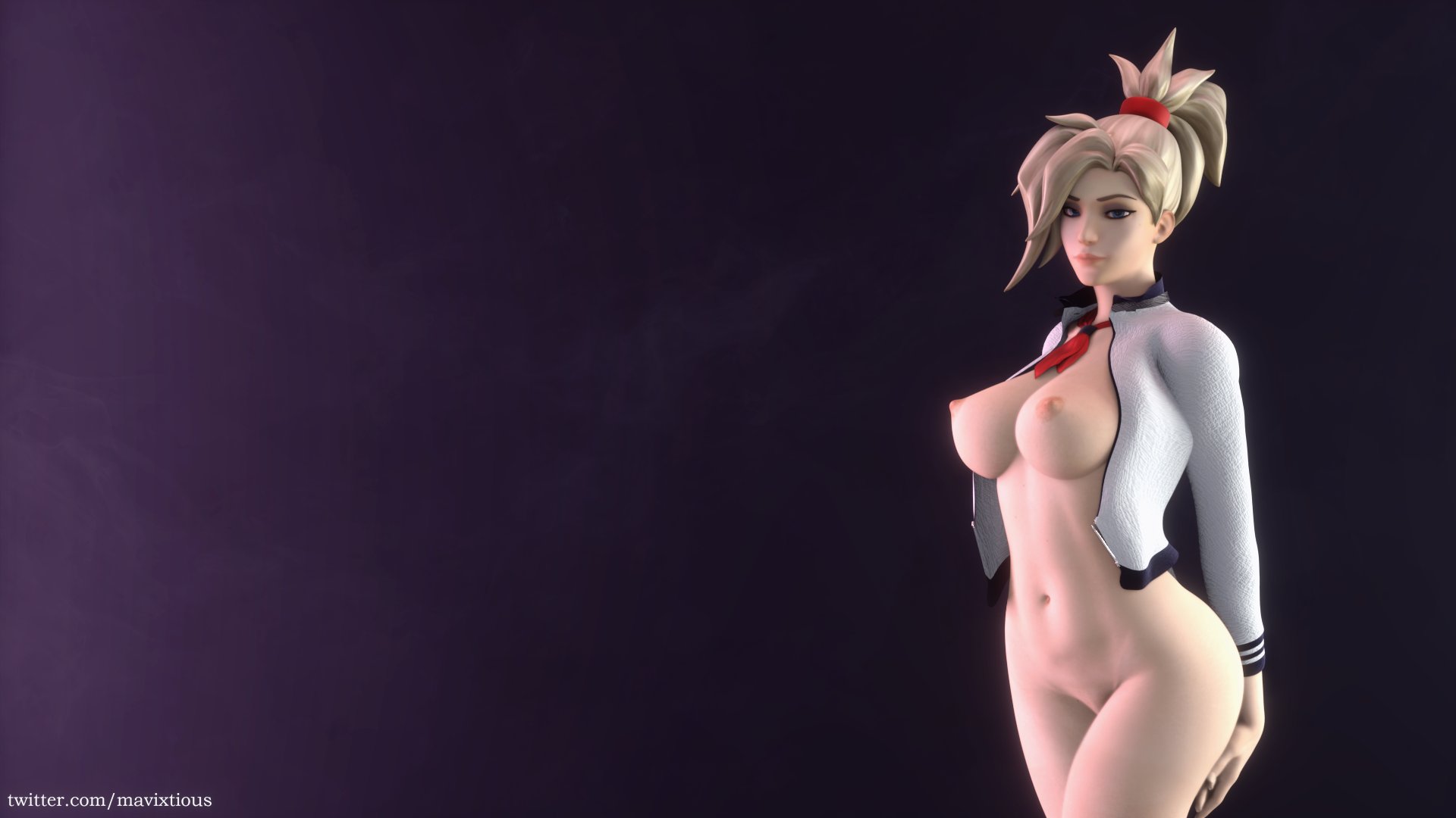 1girls, 3d, areolae, big breasts, blender, breasts, female, female only, large breasts, looking at viewer, mavixtious, mercy, nipples, overwatch, solo