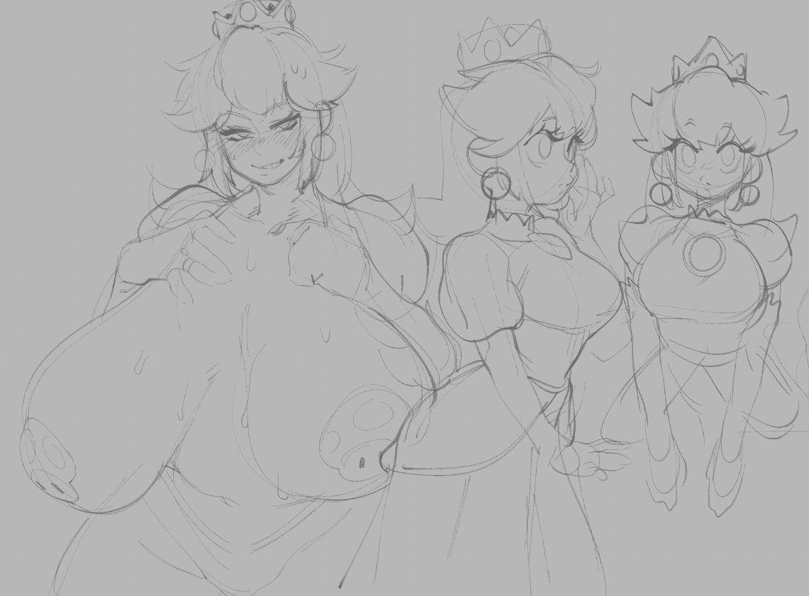 1girls, ball earrings, belly, big breasts, blonde hair, blush, blush lines, breast expansion, breast growth, breast growth (enlargement), breasts, breasts out, crown, dress, earrings, eigaka, female, grin, hair, hand on chest, hands on own chest, huge breasts, large breasts, mario (series), monochrome, mushroom, navel, nintendo, pasties, princess peach, puffy sleeves, ring, seductive, sidelocks, sketch, smile, solo, sweat, sweatdrop, tiara, voluptuous