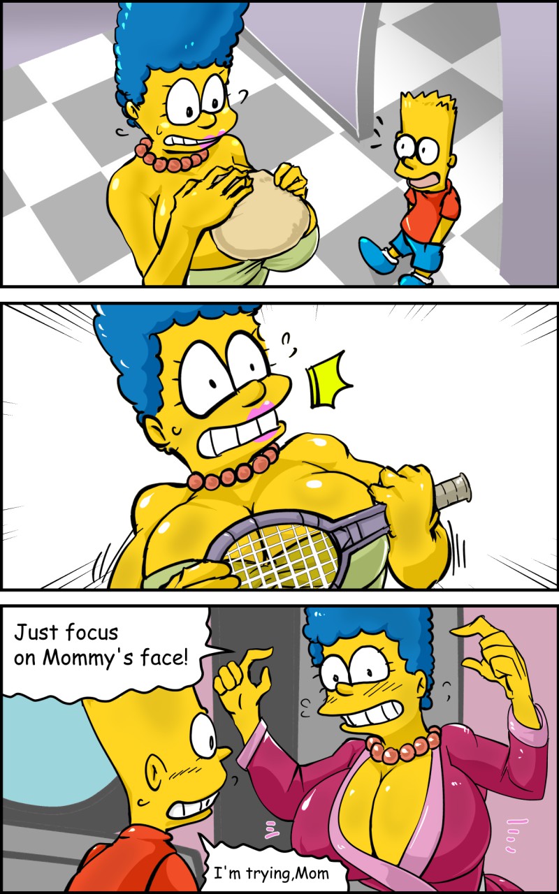 alternate_breast_size bart_simpson blue_hair breasts cleavage comic english_text female incest large_breasts marge_simpson milf mother mother_and_son necklace robe shocked son sya tennis_racket text the_simpsons yellow_hair yellow_skin