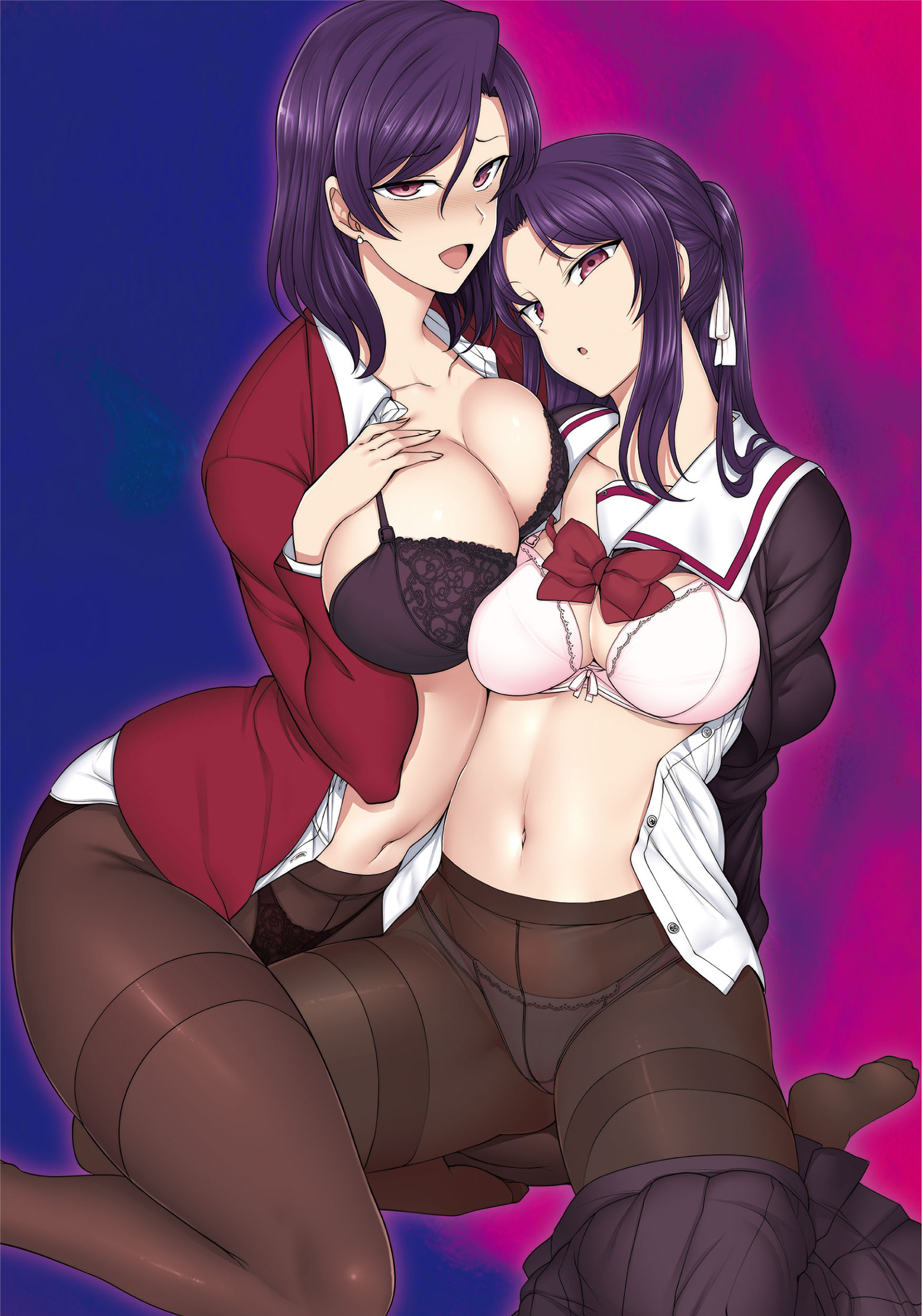 2girls, aiue oka, breasts, female, huge breasts, human, large breasts, long hair, looking at viewer, mature, mature female, milf, mother and daughter, naughty face, pantyhose, plain background, school uniform, simple background, thighband pantyhose