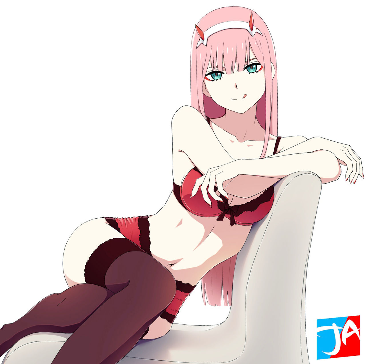 arms crossed, darling in the franxx, female, green eyes, j adsen, lingerie, looking at viewer, on chair, pink hair, red lingerie, stockings, tongue, tongue out, zero two (darling in the franxx)