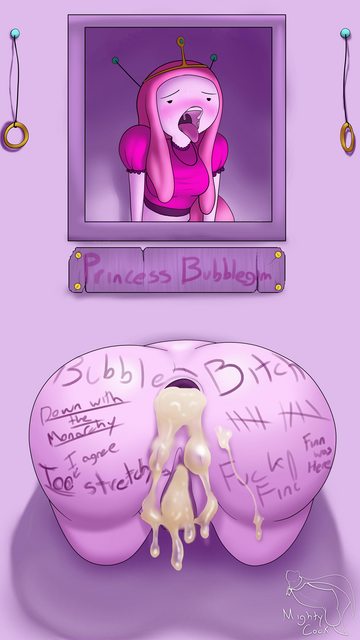 adventure time, ass, big ass, body writing, cake, cum drip, cum dripping, cum dump, cum in ass, cum in pussy, female, mouth open, princess bubblegum, pussy, stuck, stuck in wall, writing on ass