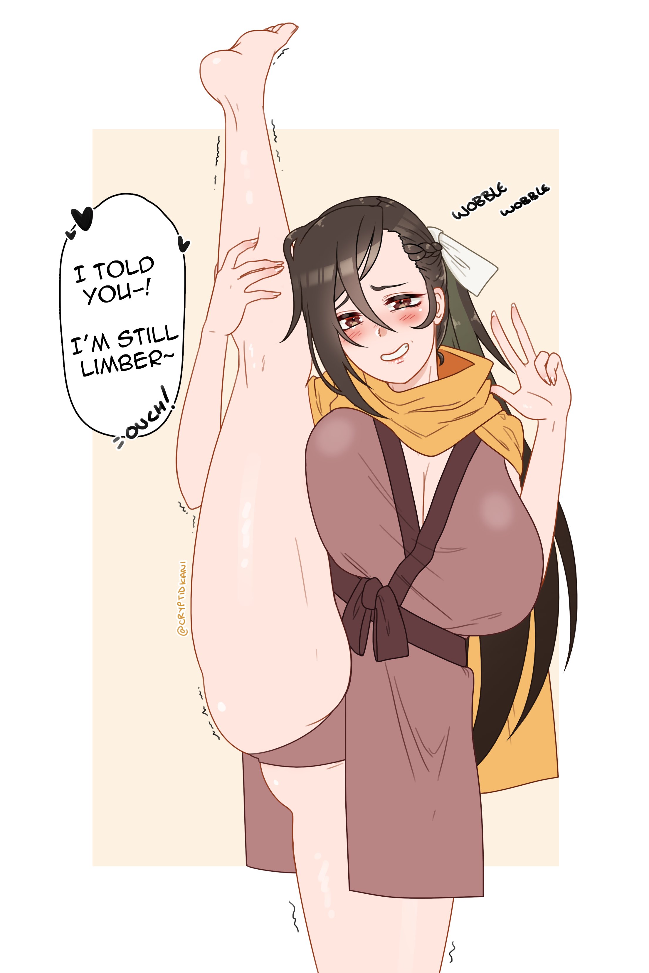 bare legs, barefoot, big breasts, blush, braid, breasts, brown eyes, brown hair, cleavage, clothed, cryptid crab, english text, female, fire emblem, fire emblem fates, grin, huge breasts, kagero (fire emblem), large breasts, leg lift, leg up, long hair, milf, nervous, nervous smile, nintendo, panties, peace sign, scarf, smile, splits, standing on one leg, stretching, text, trembling, v, vertical splits